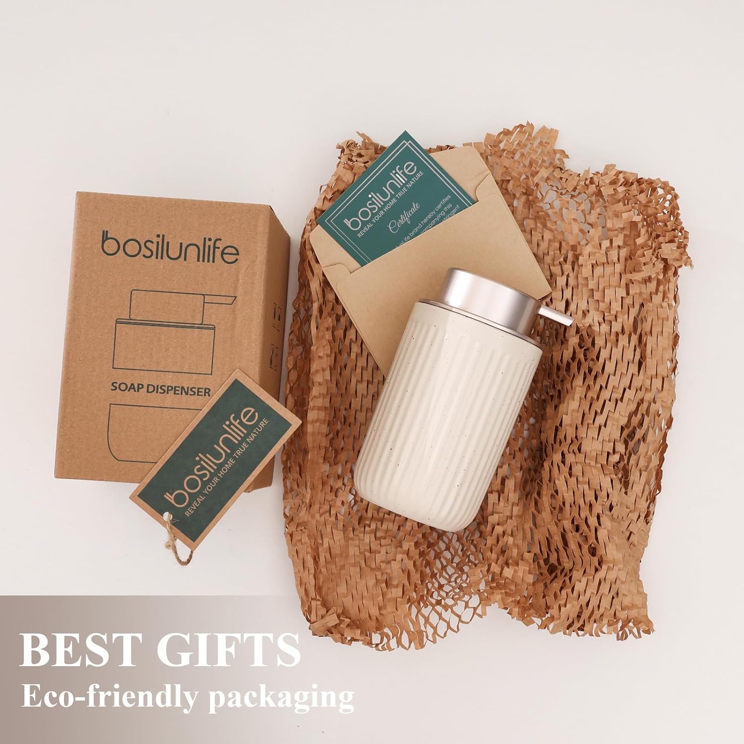 Sustainable gift packaging for the BosilunLife Pockmark soap dispenser. The image features the speckled white eco-clay dispenser nestled in biodegradable honeycomb paper with a kraft cardboard gift box and an emerald green brand certificate, highlighting the brand's plastic-free, eco-friendly shipping commitment.