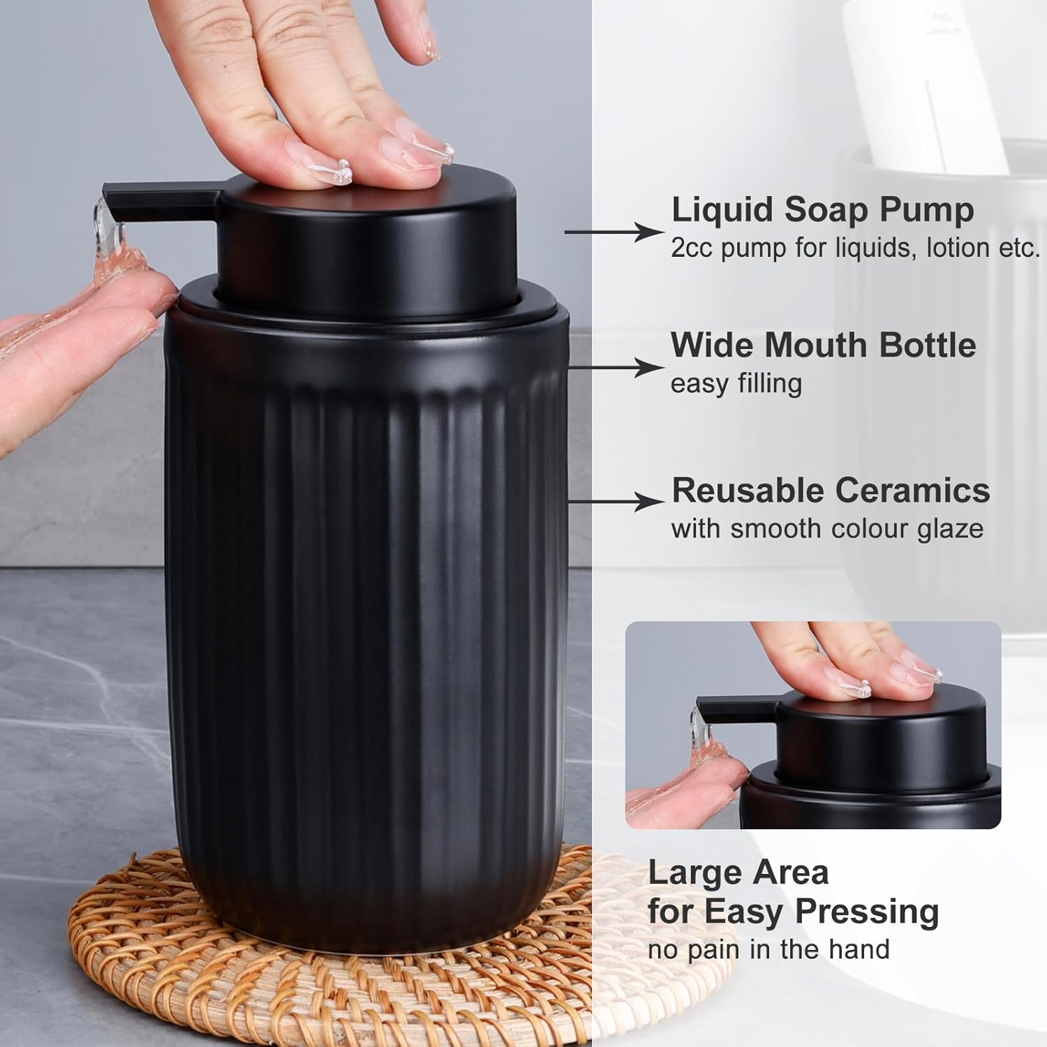 Feature infographic for the BosilunLife 12 oz matte black liquid soap dispenser. The guide highlights a 2cc high-output liquid soap pump for lotions and gels, a wide mouth ceramic bottle for easy refills, and a large-surface matte black pump designed for easy, comfortable pressing.
