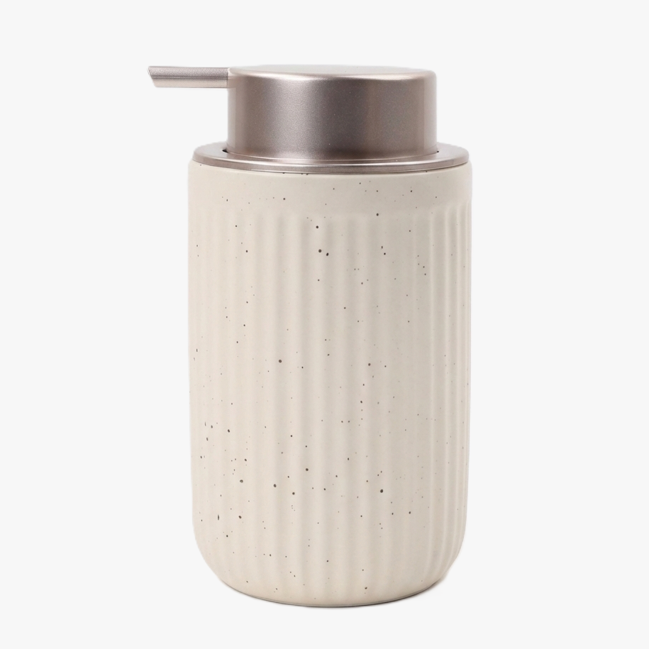 BosilunLife Pockmark 12 oz liquid soap dispenser in apricot speckled recycled eco-clay. Features a vertically ribbed volcanic stone texture with a premium brushed champagne metallic liquid pump, ideal for warm minimalist and organic modern bathroom decor.