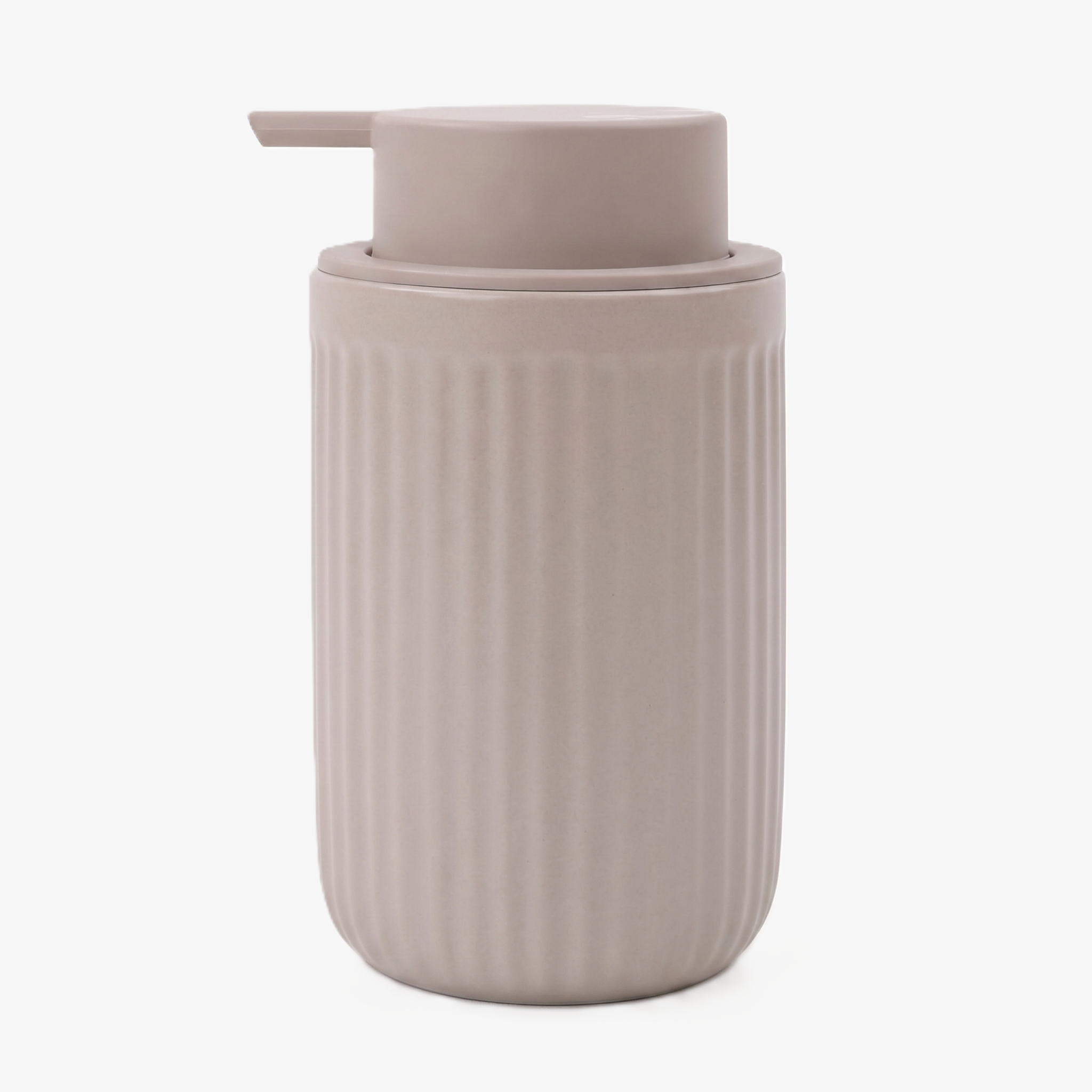 BosilunLife Pockmark 12 oz liquid soap dispenser in khaki recycled eco-clay. Features a vertically ribbed volcanic stone texture with a matching khaki matte liquid pump head, perfect for earth-toned, minimalist, and Japandi bathroom decor.