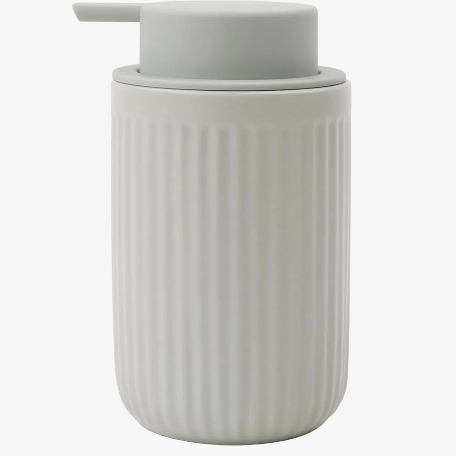 BosilunLife Pockmark 12 oz liquid soap dispenser in light grey recycled eco-clay. Features a vertically ribbed volcanic stone texture with a matching light grey matte liquid pump head, ideal for cool neutral, Scandi, and modern minimalist bathroom decor.