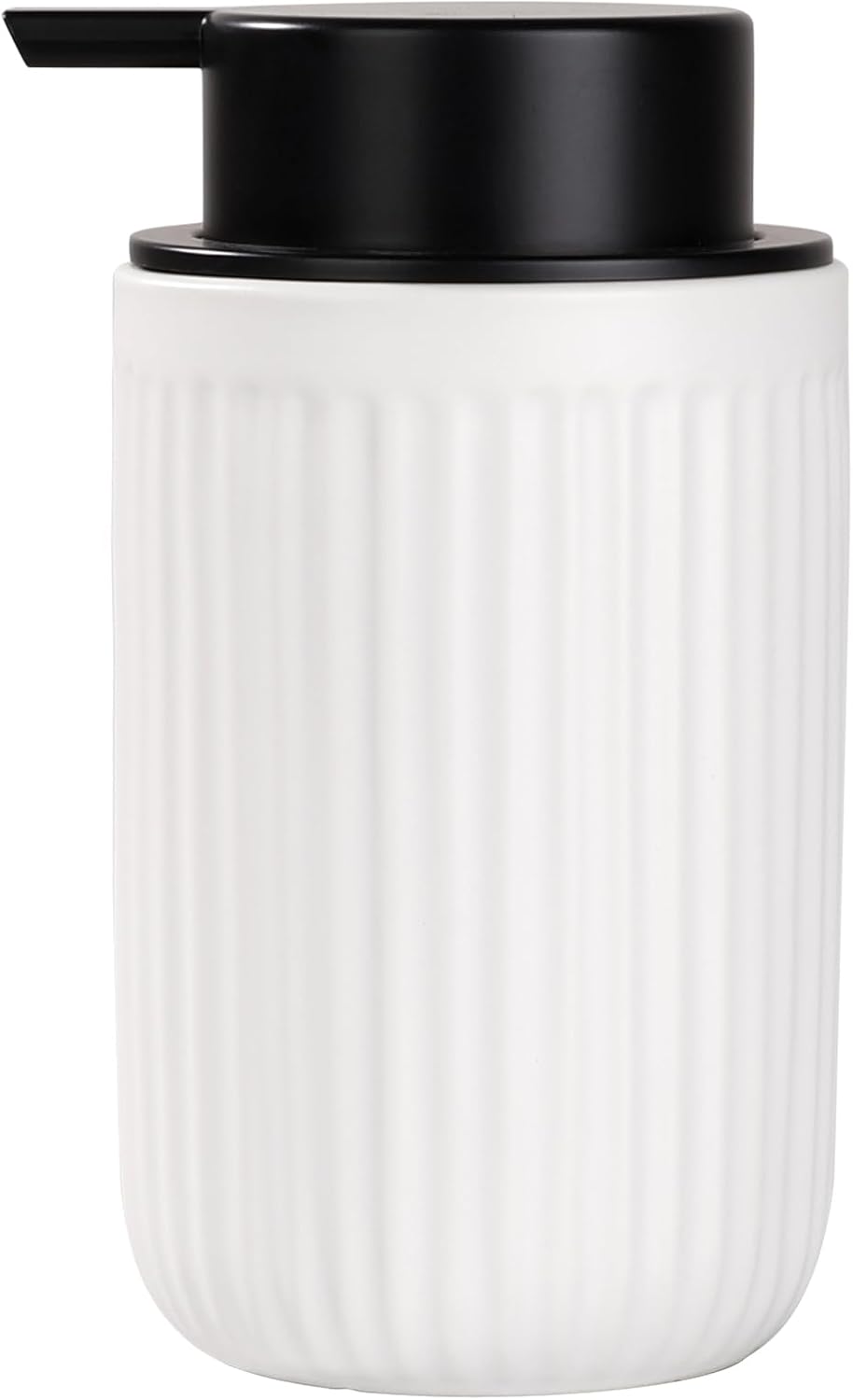 BosilunLife Pockmark 12 oz liquid soap dispenser in crisp white recycled eco-clay. Features a vertically ribbed volcanic stone texture with a contrasting matte black liquid pump head, perfect for clean minimalist, modern farmhouse, and Scandi bathroom decor.