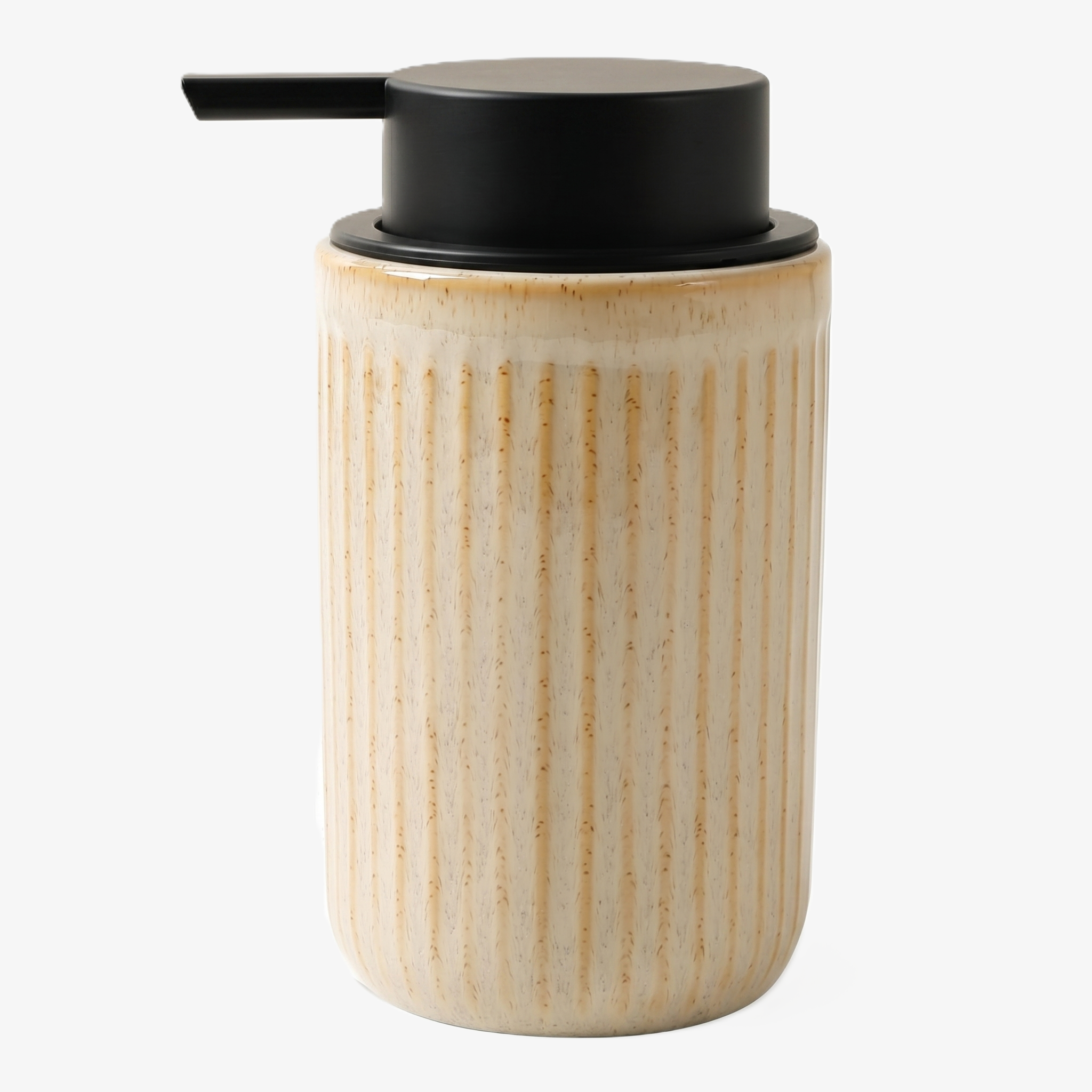 BosilunLife Pockmark 12 oz liquid soap dispenser in greige recycled eco-clay. Features a vertically ribbed volcanic stone texture with a contrasting matte black liquid pump head, perfect for warm neutral and minimalist bathroom decor.