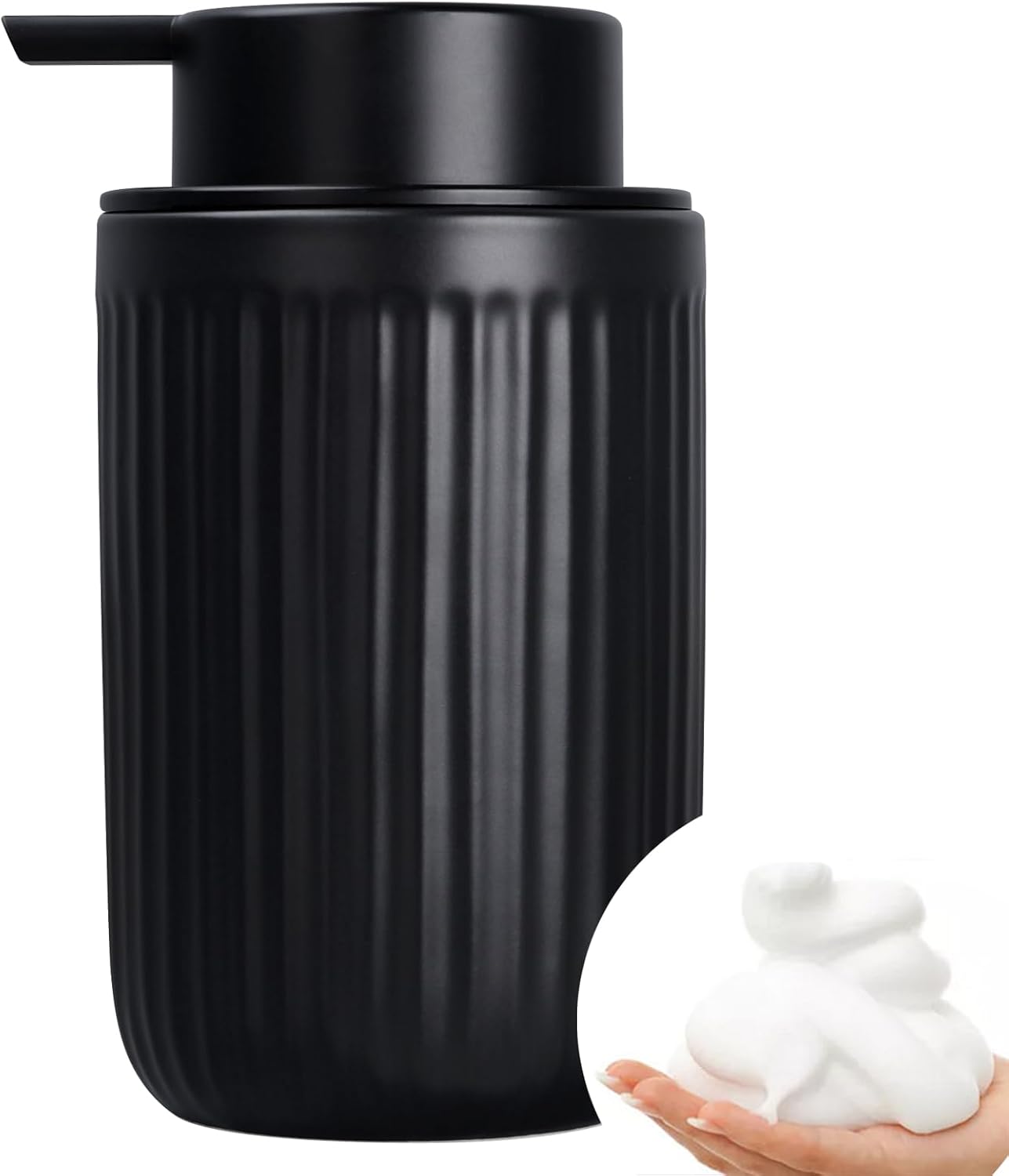 Black soap dispenser with a pump and a close-up of white foam on a white background