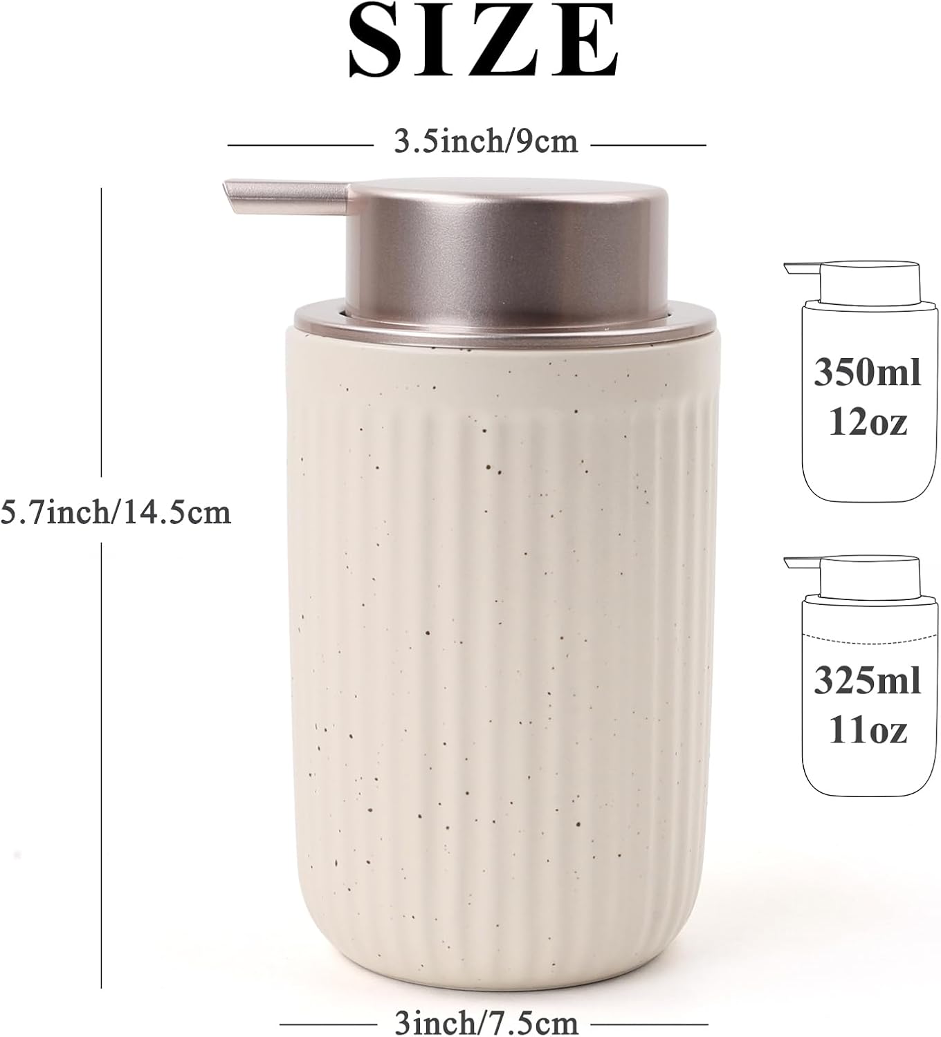 White ceramic soap dispenser with dimensions and capacity details on a white background