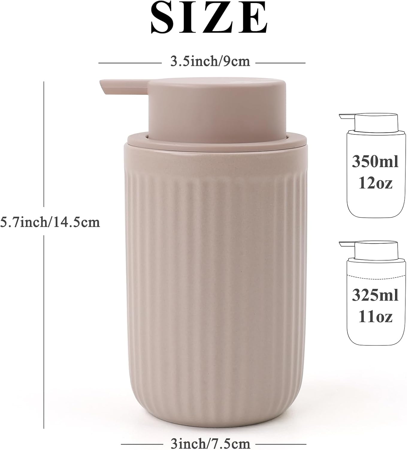 Beige soap dispenser with measurements and capacity details on a white background