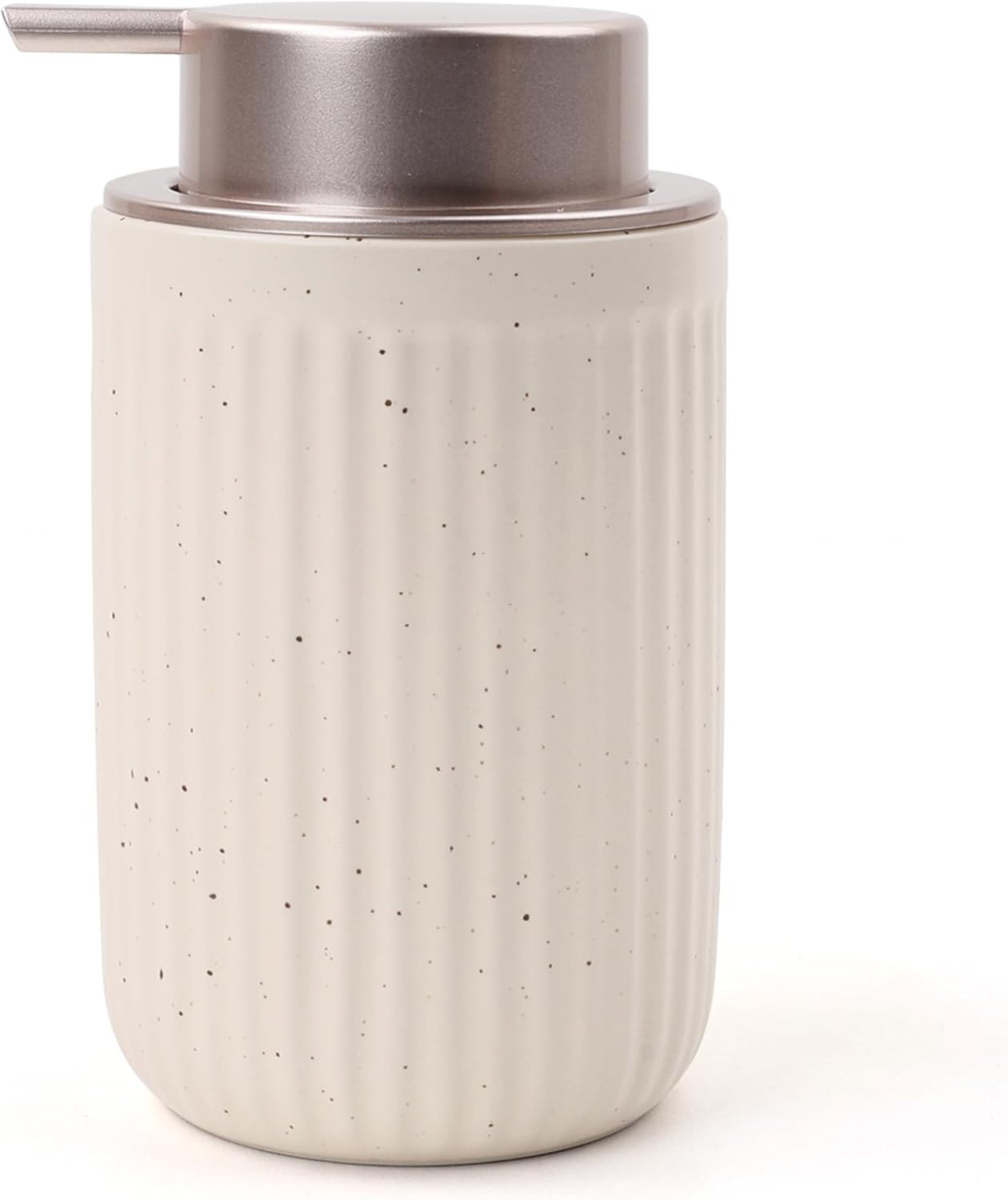 White speckled soap dispenser with metallic pump on a white background