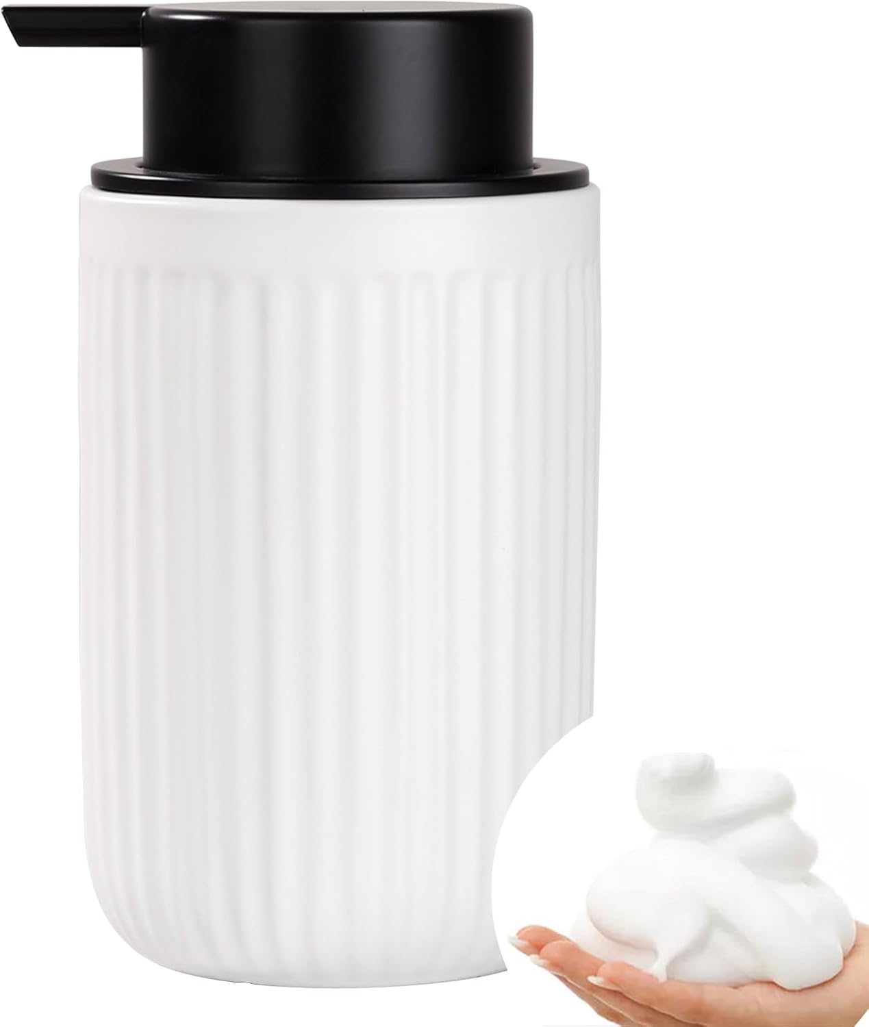 White soap dispenser with black pump on a white background
