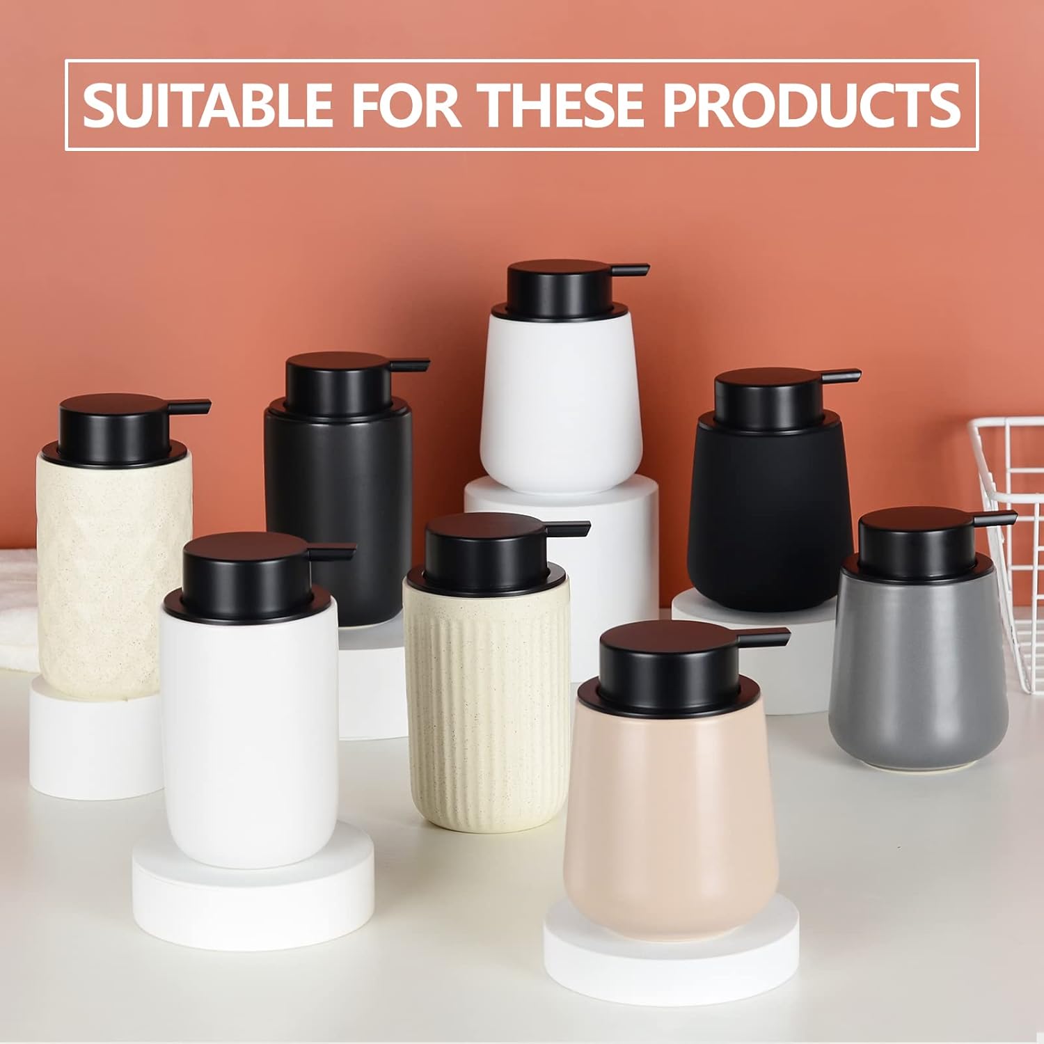 Compatibility guide showing the BosilunLife replacement pump used on various recycled eco-clay soap dispensers, including the SoftWave ribbed white, matte black, grey, and sand-colored ceramic bottles. This universal hardware fits multiple 12 oz BosilunLife bathroom and kitchen dispenser styles.