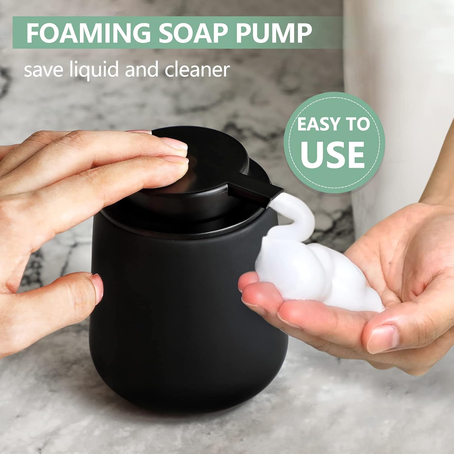 Lifestyle demonstration of the BosilunLife matte black foaming soap dispenser in use. A hand presses the wide black pump to produce thick white foam, highlighting the eco-friendly benefit of saving liquid soap and water through pre-lathered dispensing.