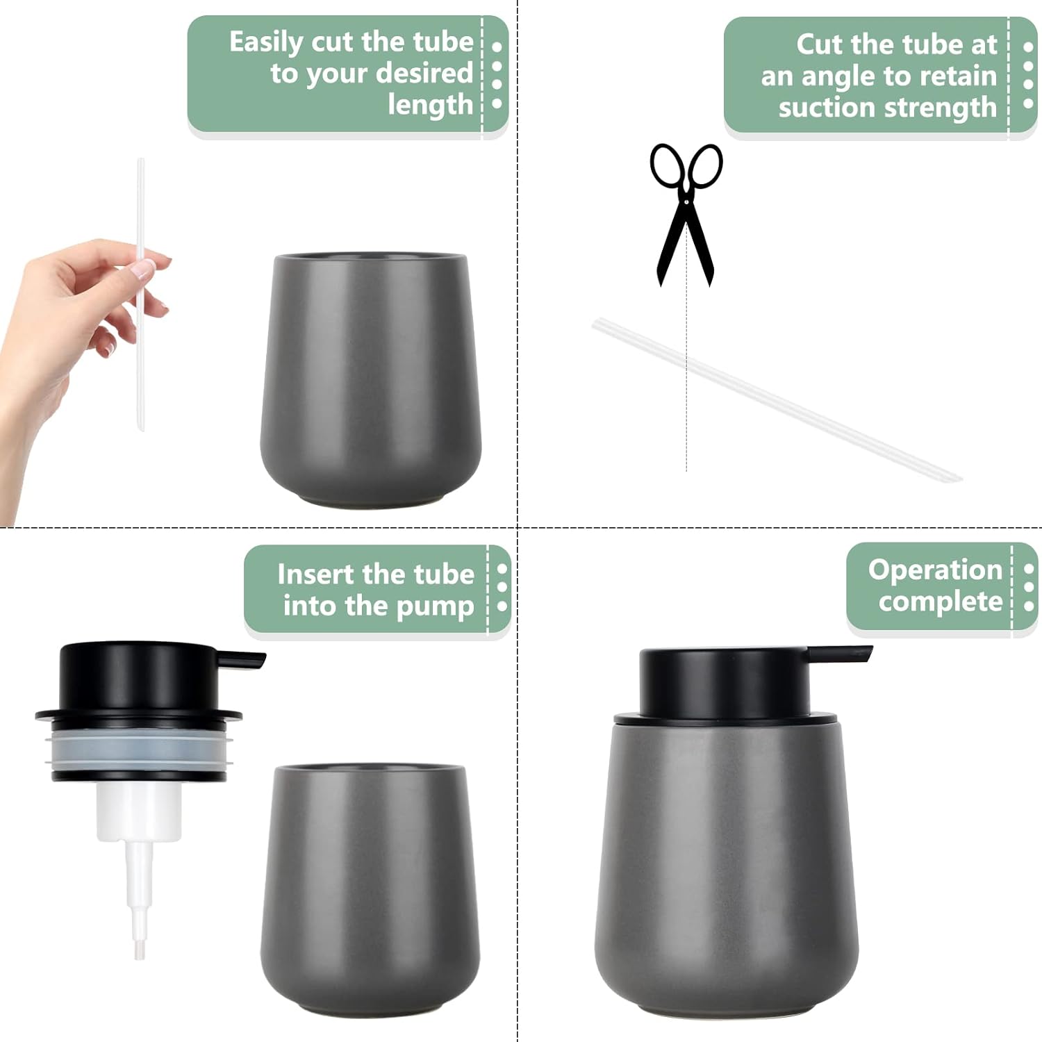 Step-by-step assembly guide for the BosilunLife replacement soap pump. The diagram shows how to easily cut the plastic dip tube to a desired length at an angle to retain suction strength, insert it into the matte black pump head, and complete the installation on a grey ceramic dispenser.