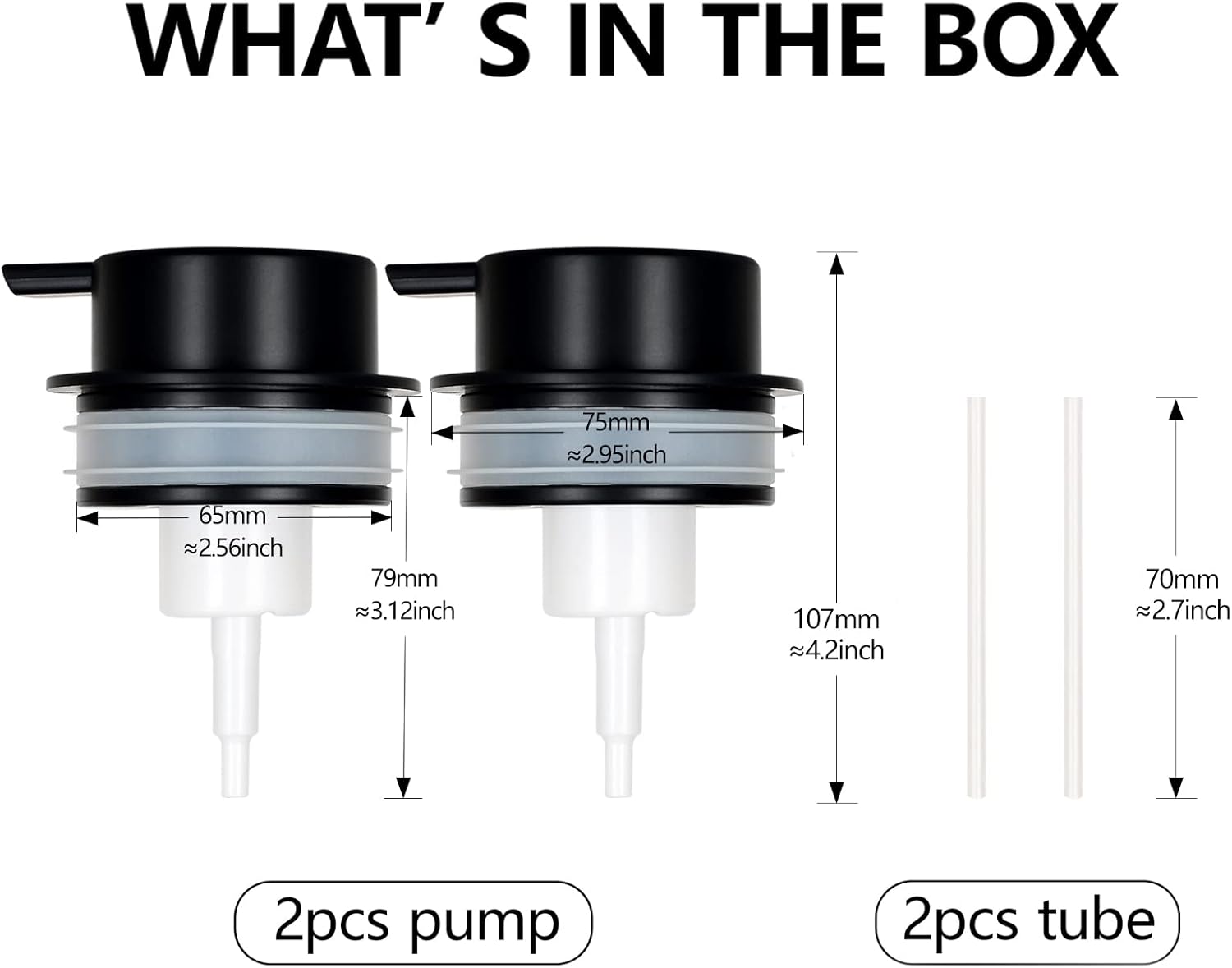 A 'What's in the box' diagram for the BosilunLife replacement pump kit, featuring 2 matte black pumps and 2 plastic dip tubes. Detailed dimensions include a 2.56-inch inner diameter, 2.95-inch outer diameter, and a total hardware height of 4.2 inches, designed to fit 12 oz recycled eco-clay soap dispensers.