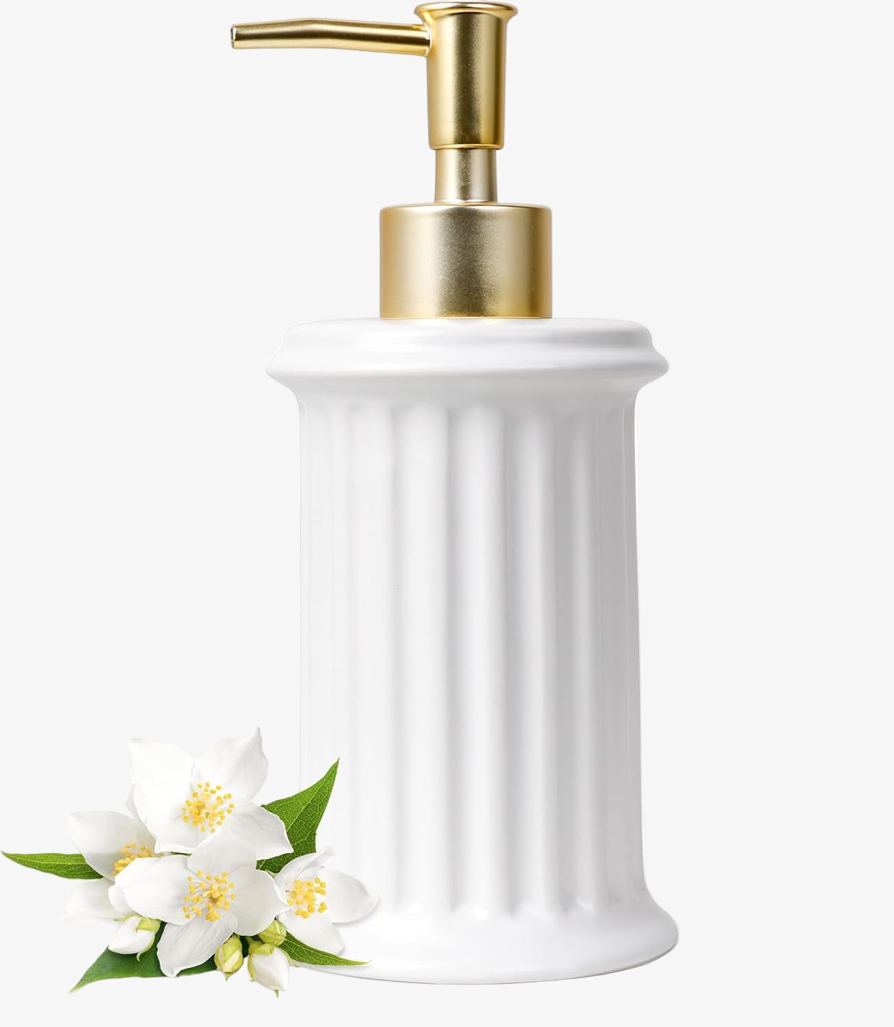 White soap dispenser with gold pump and white flowers on a white background