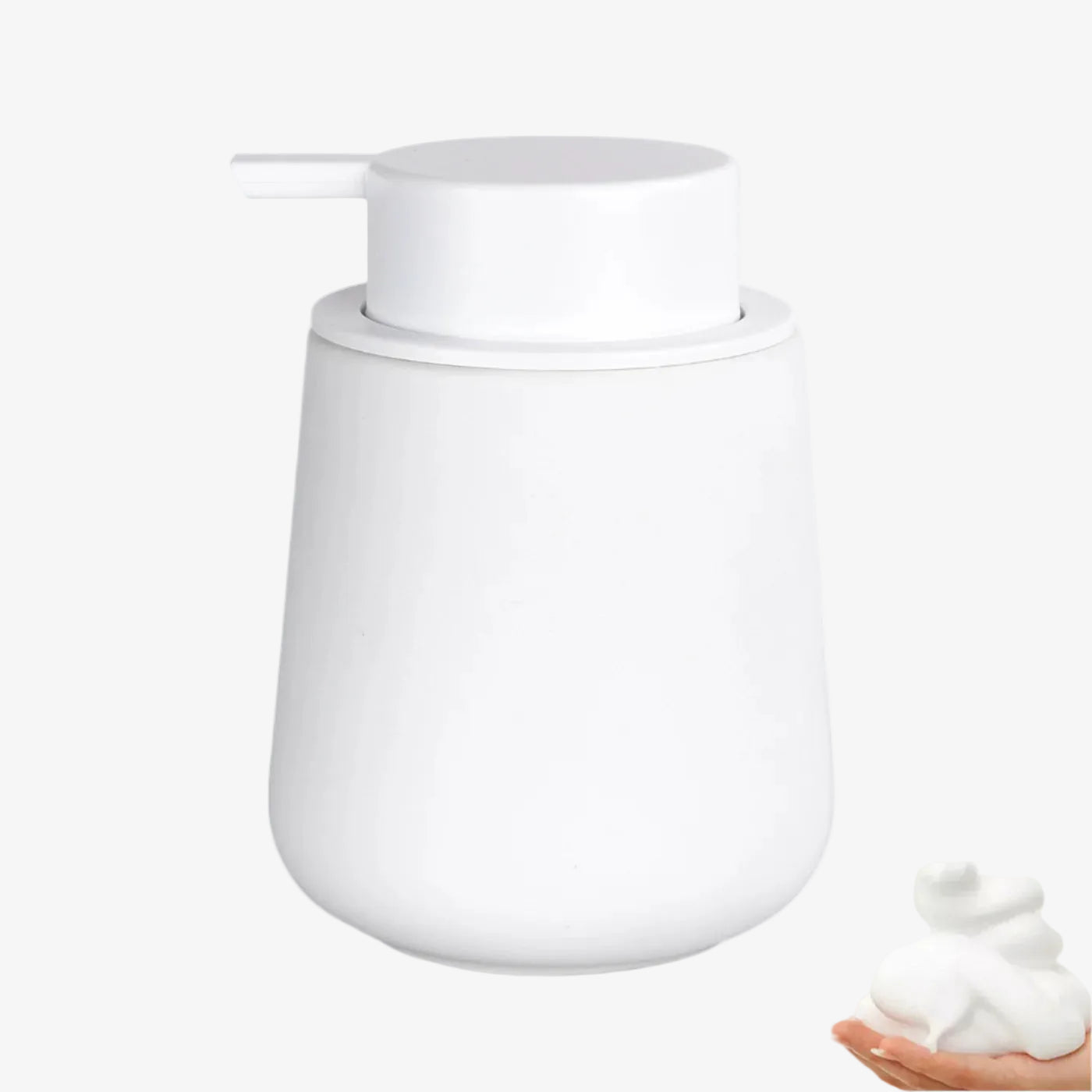 White soap dispenser with pump on a white background