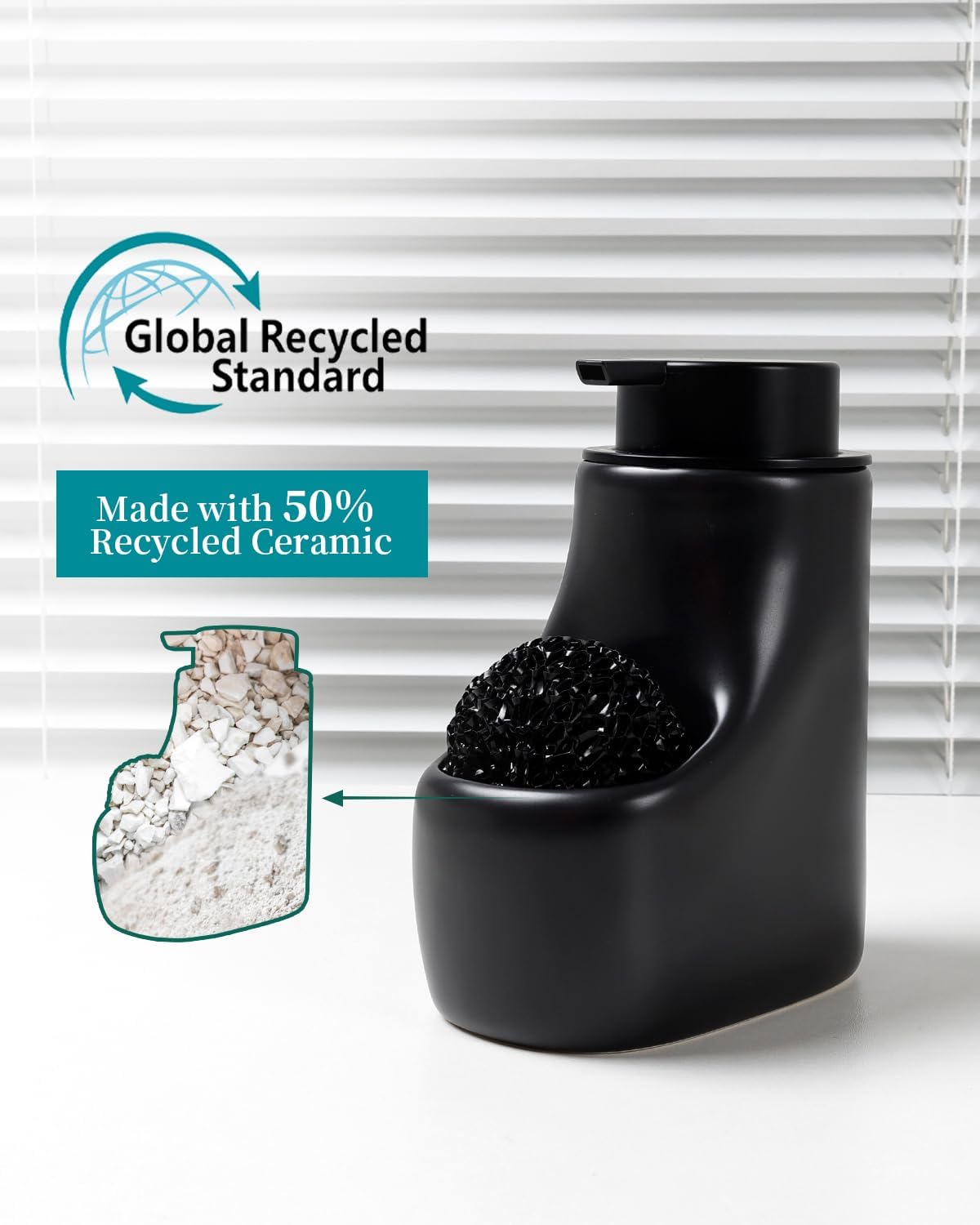 BosilunLife Scandi Grove Liquid Soap Dispenser w/ Sponge Holder Recycled Eco-Clay 12.44 oz