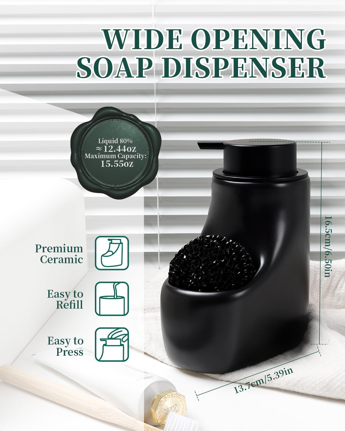 BosilunLife Scandi Grove Liquid Soap Dispenser w/ Sponge Holder Recycled Eco-Clay 12.44 oz
