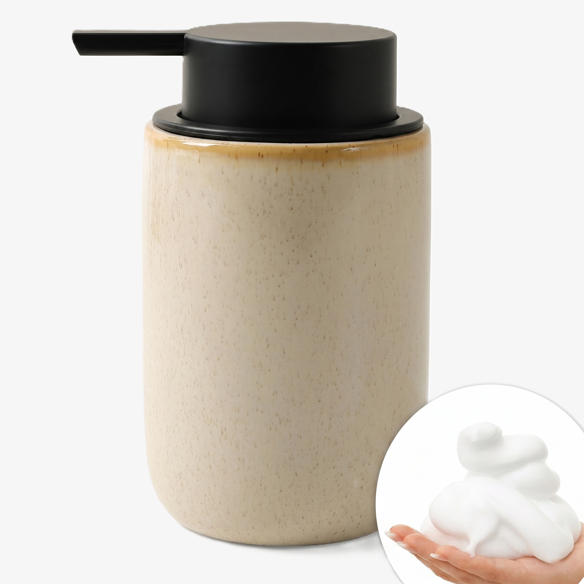 Primary product shot of the BosilunLife 12 oz (350ml) slim foaming soap dispenser in a speckled greige finish with a warm glazed rim. The slender organic vessel, crafted from GRS-certified recycled ceramic eco-clay, features a contrasting matte black wide-head foaming pump. An inset demonstration shows a hand holding a mound of rich, velvety white foam, highlighting the mechanism's performance.