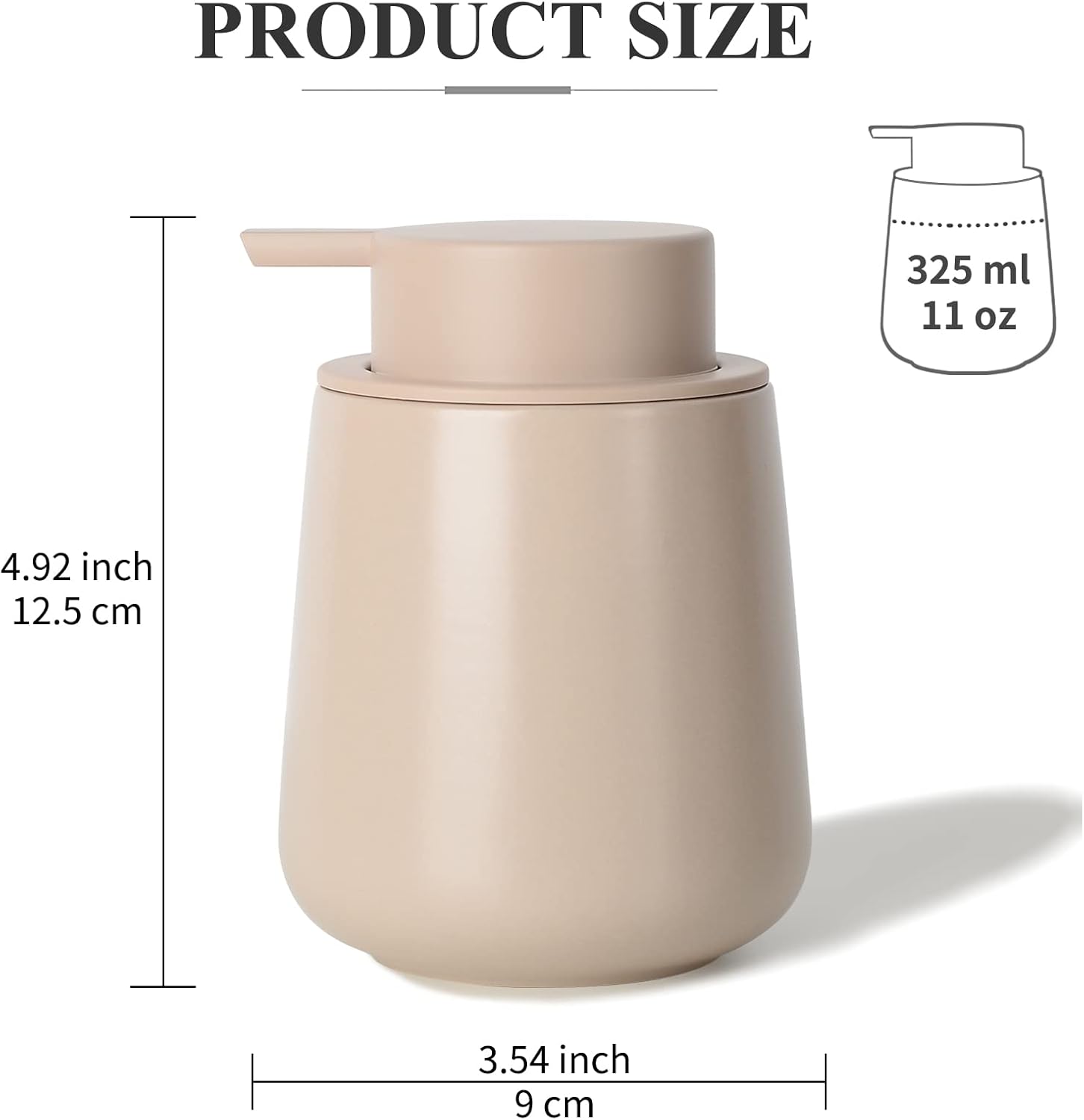 Beige soap dispenser with measurements and capacity label on a white background