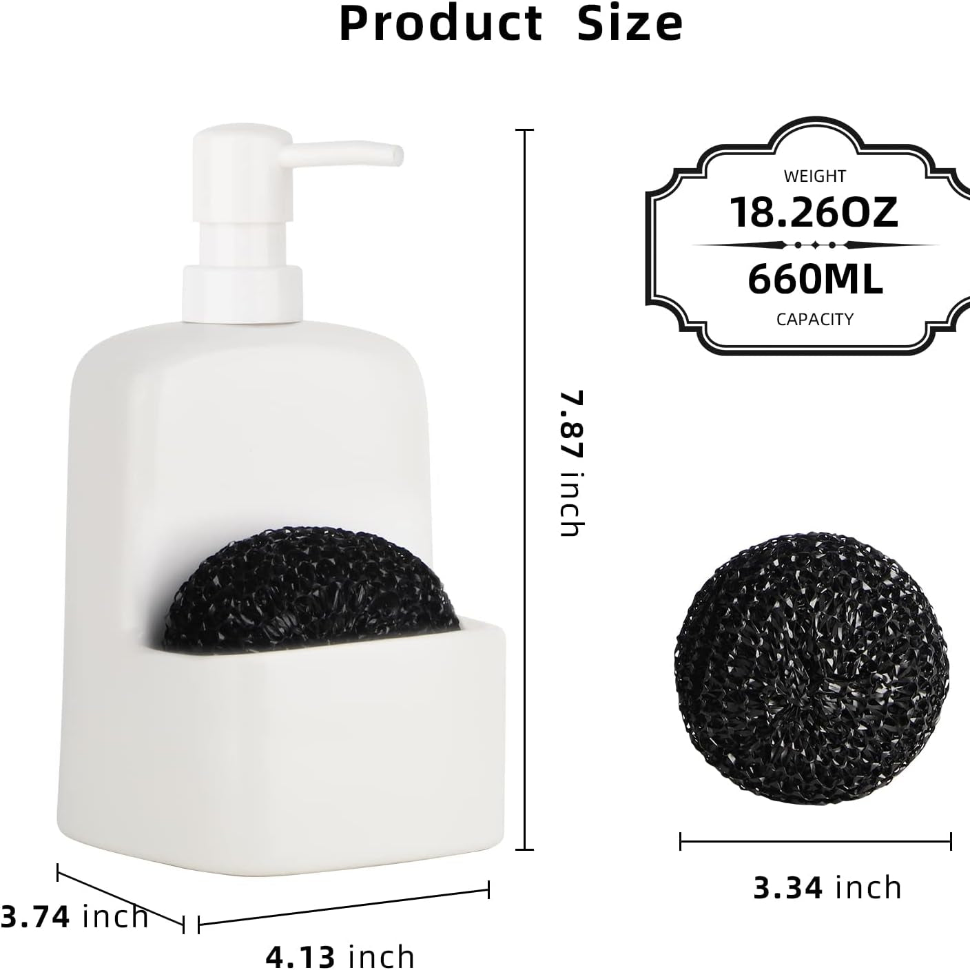 White soap dispenser with black sponges and measurements on a white background