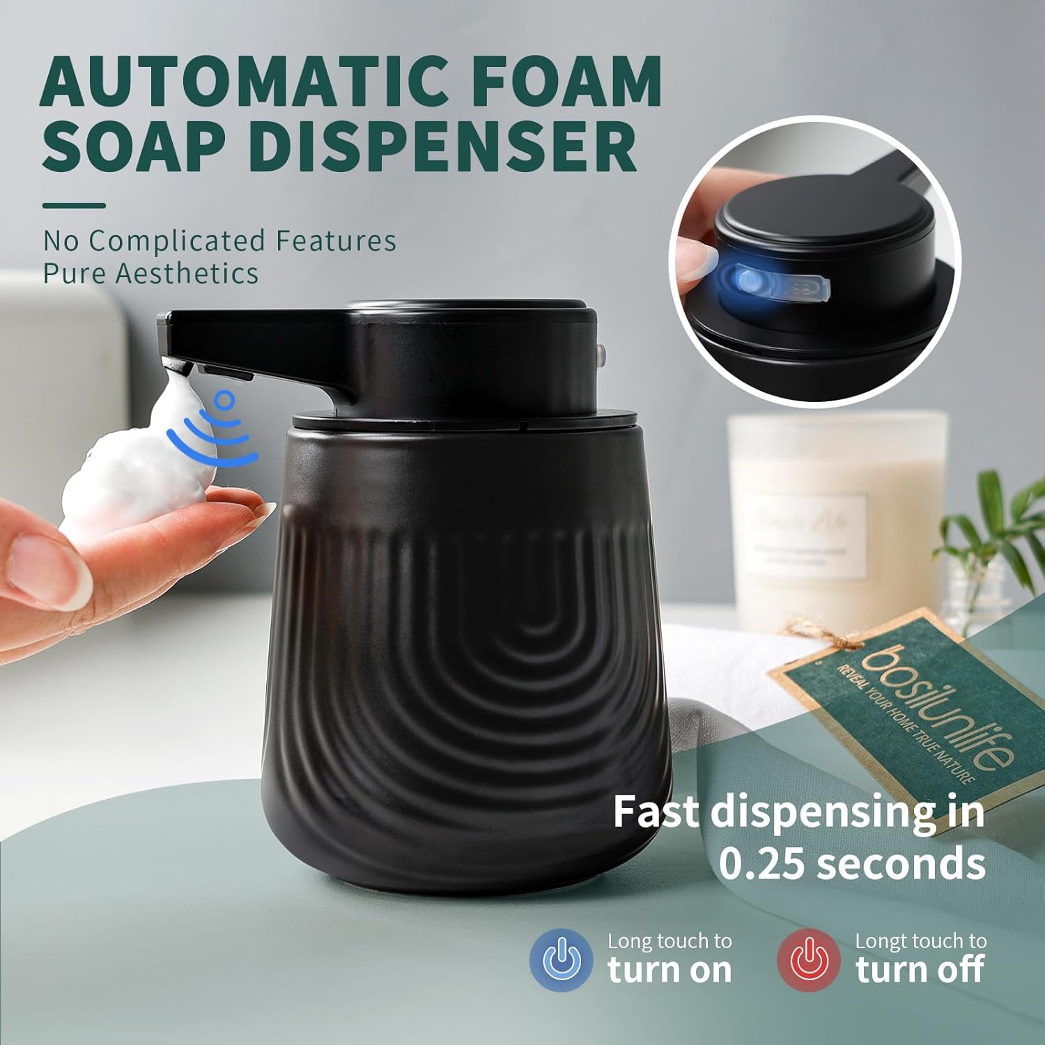 Diagram showing the 3 adjustable settings on the black BosilunLife SoftWave automatic foaming soap dispenser, featuring a push-button control with LED indicators for custom foam volume: Level 1 at 0.25s (blue), Level 2 at 0.5s (purple), and Level 3 at 1s (red).