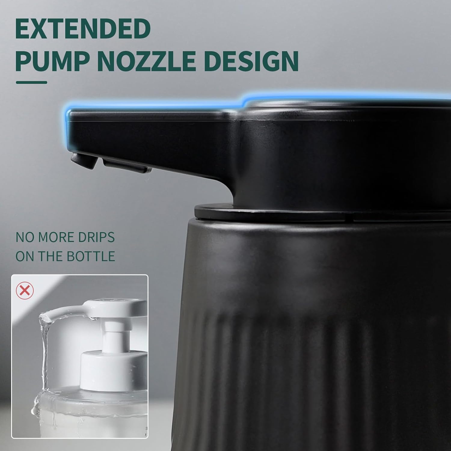 Close-up of the BosilunLife SoftWave automatic dispenser's extended pump nozzle design, showing how the long reach prevents soap drips on the ceramic bottle compared to a messy standard pump.