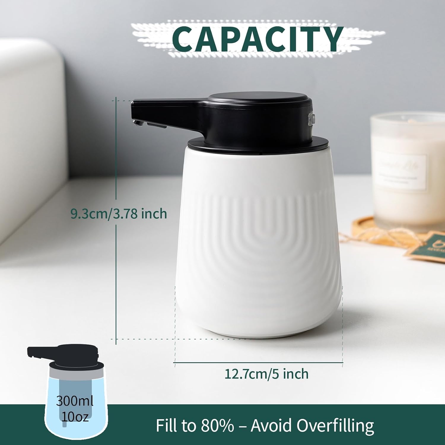 Capacity and dimensions diagram for the BosilunLife SoftWave white automatic foaming soap dispenser, showing a 10oz (300ml) capacity, measurements of 5 inches by 3.78 inches, and a usage warning to fill the eco-clay bottle to 80% to avoid overfilling.