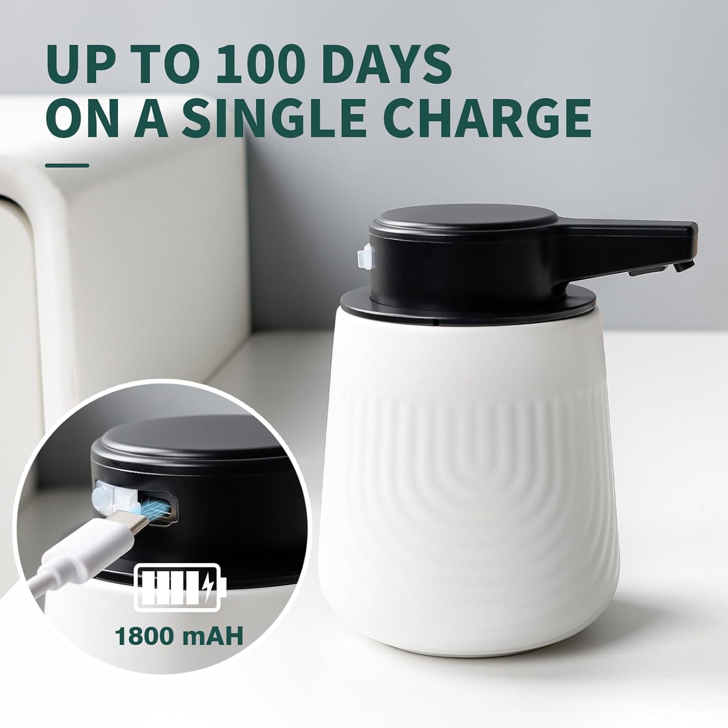 Rechargeable BosilunLife SoftWave white automatic foaming soap dispenser made of recycled eco-clay, featuring a USB-C charging port and an 1800 mAh battery that lasts up to 100 days on a single charge.