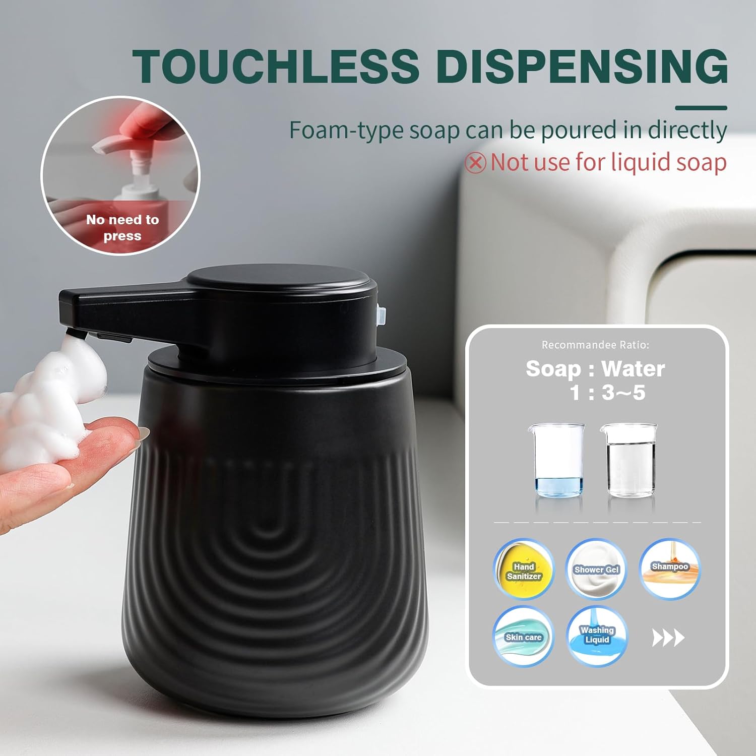 Usage guide for the black BosilunLife SoftWave 10 oz recycled eco-clay automatic foaming soap dispenser, highlighting touchless dispensing, foam compatibility, and a 1 to 3 soap-to-water mixing ratio.
