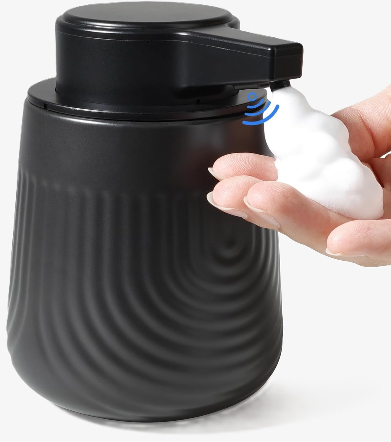 BosilunLife SoftWave 10 oz black recycled eco-clay automatic soap dispenser touchlessly dispensing white foam soap into a hand.