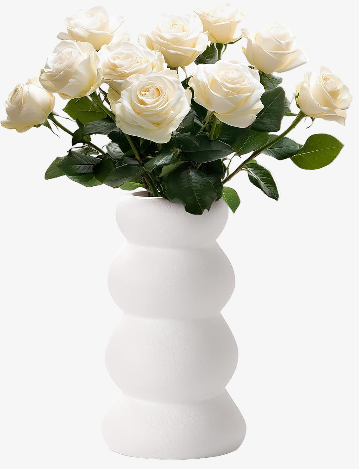 White vase with a bouquet of white roses on a white background