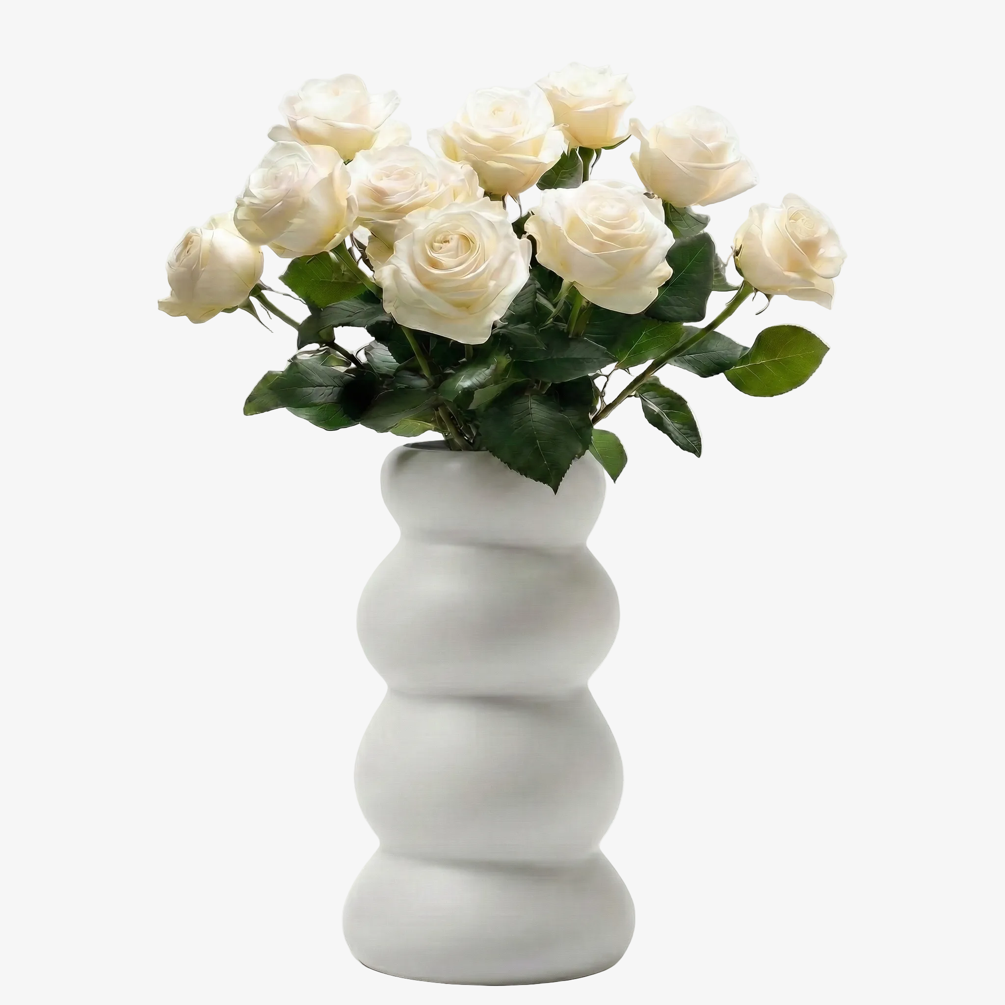 BosilunLife four-tier stacked bubble vase in matte white recycled eco-clay. The sculptural, chubby ceramic centrepiece is filled with a lush bouquet of fresh white roses against a seamless white background, epitomising minimalist quiet luxury and organic modern home styling.