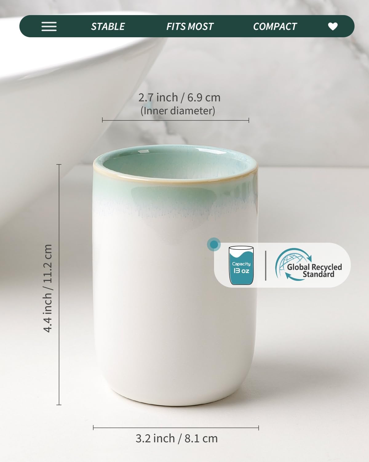 Technical dimension graphic for the BosilunLife eco-luxury bathroom tumbler. Crafted from GRS-certified recycled ceramic eco-clay, the vessel stands 3.90 inches (9.9 cm) tall with a base width of 3.62 inches (9.2 cm) and an internal caliber of 2.72 inches (6.9 cm). A capacity icon confirms a generous 13 oz volume. The design features a smooth white body with a soft sage green ombre rim, blending Scandinavian functionality with the quiet balance of nature to support a sustainable circular economy.
