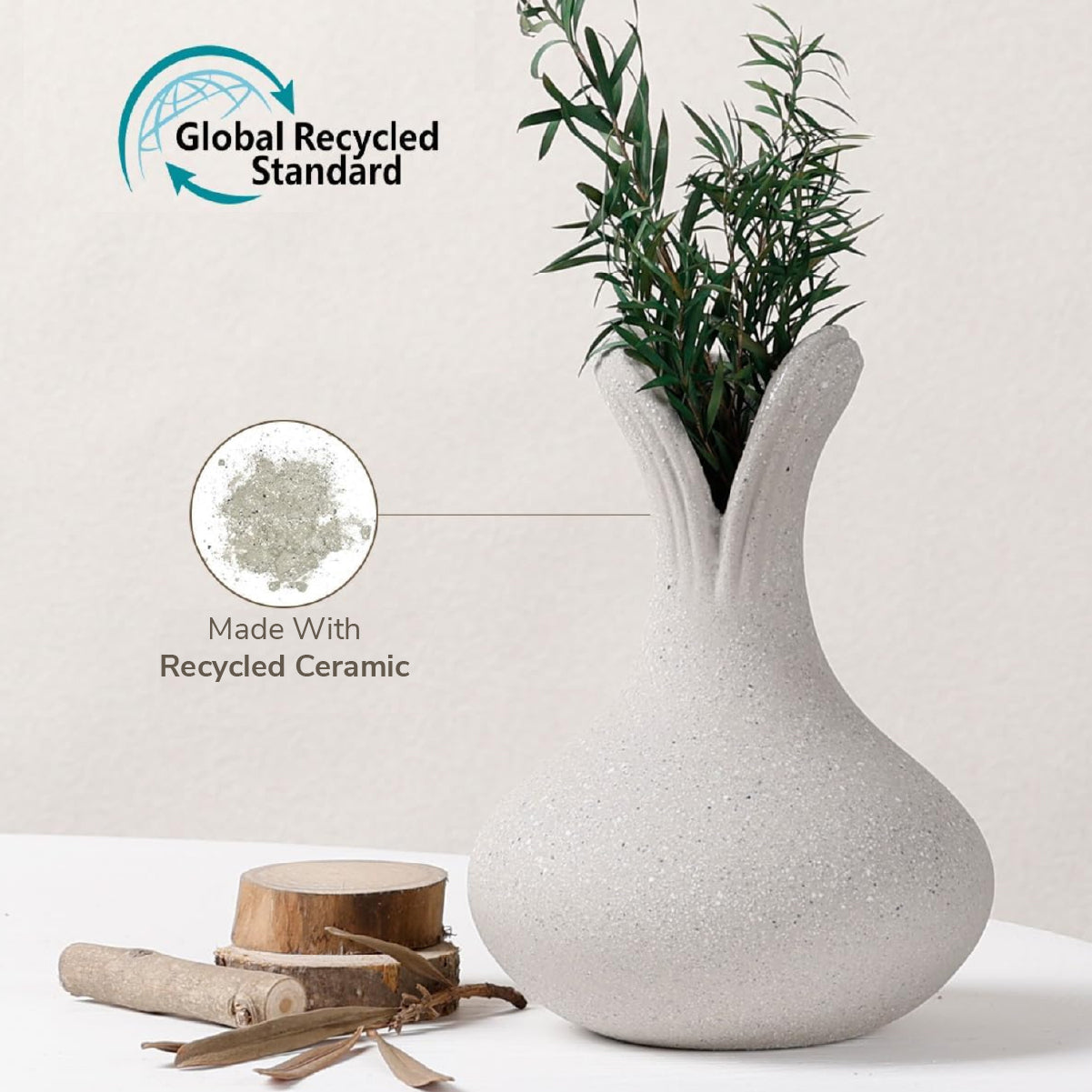 Sustainability infographic for the BosilunLife recycled eco-clay ceramic vase, highlighting its Global Recycled Standard certification and raw recycled materials.