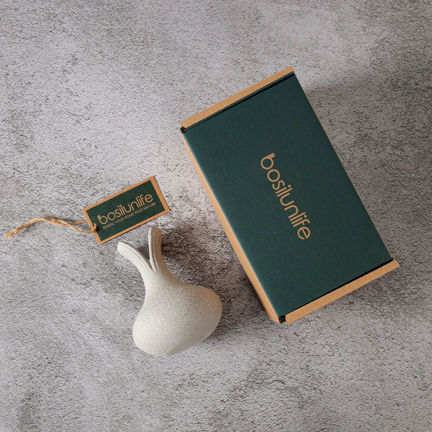 Overhead view of the BosilunLife recycled eco-clay ceramic vase displayed next to its green and brown branded packaging box on a textured grey surface.
