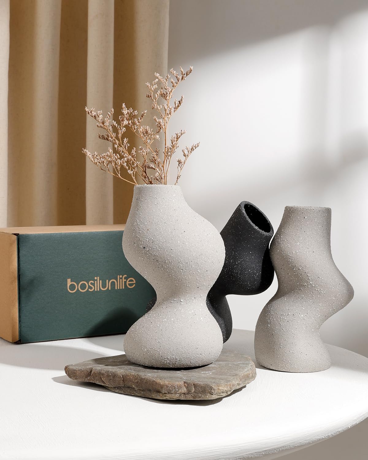 BosilunLife Wabi-Sabi Flower Vases Set of 3 Recycled Eco-Clay