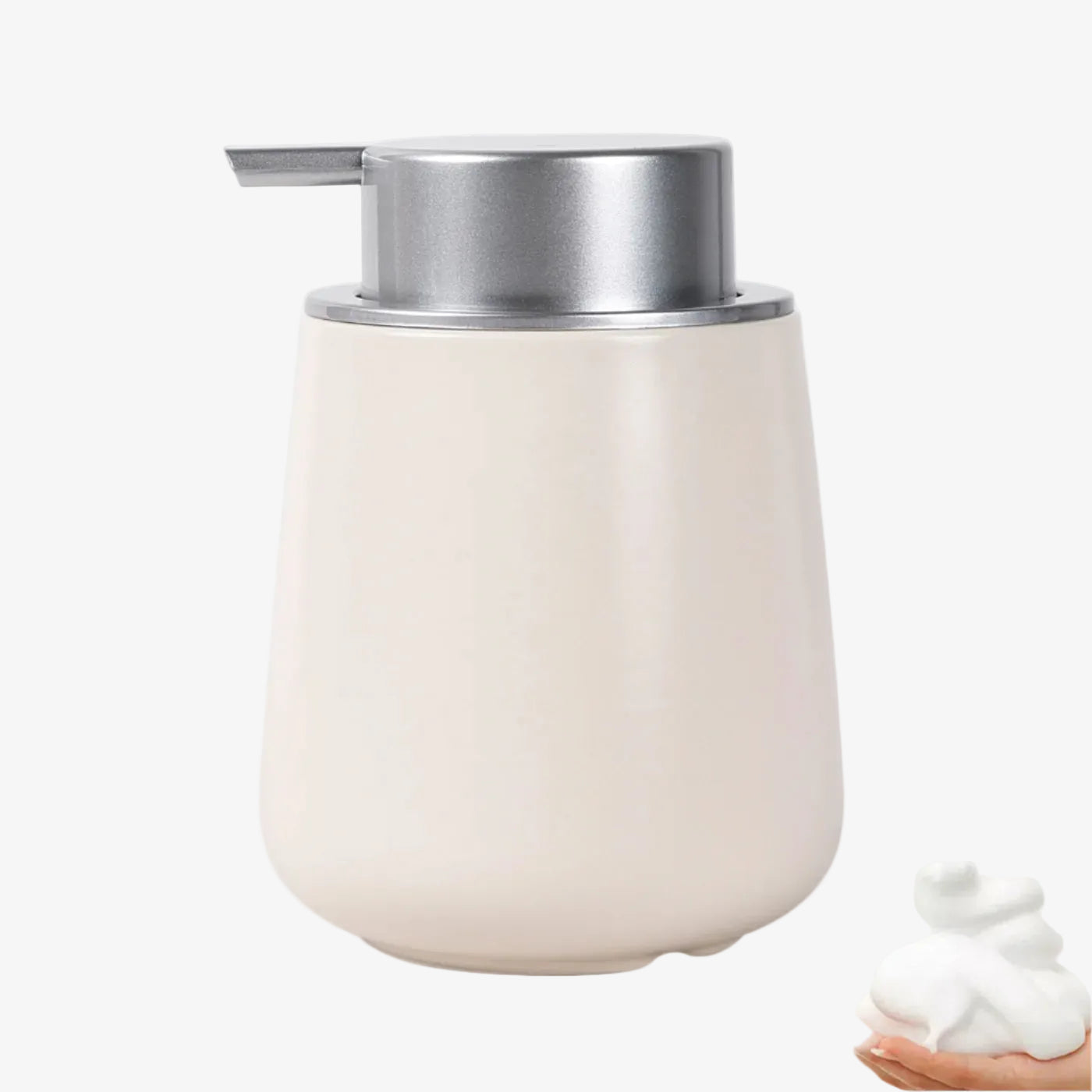 White soap dispenser with silver pump on a white background