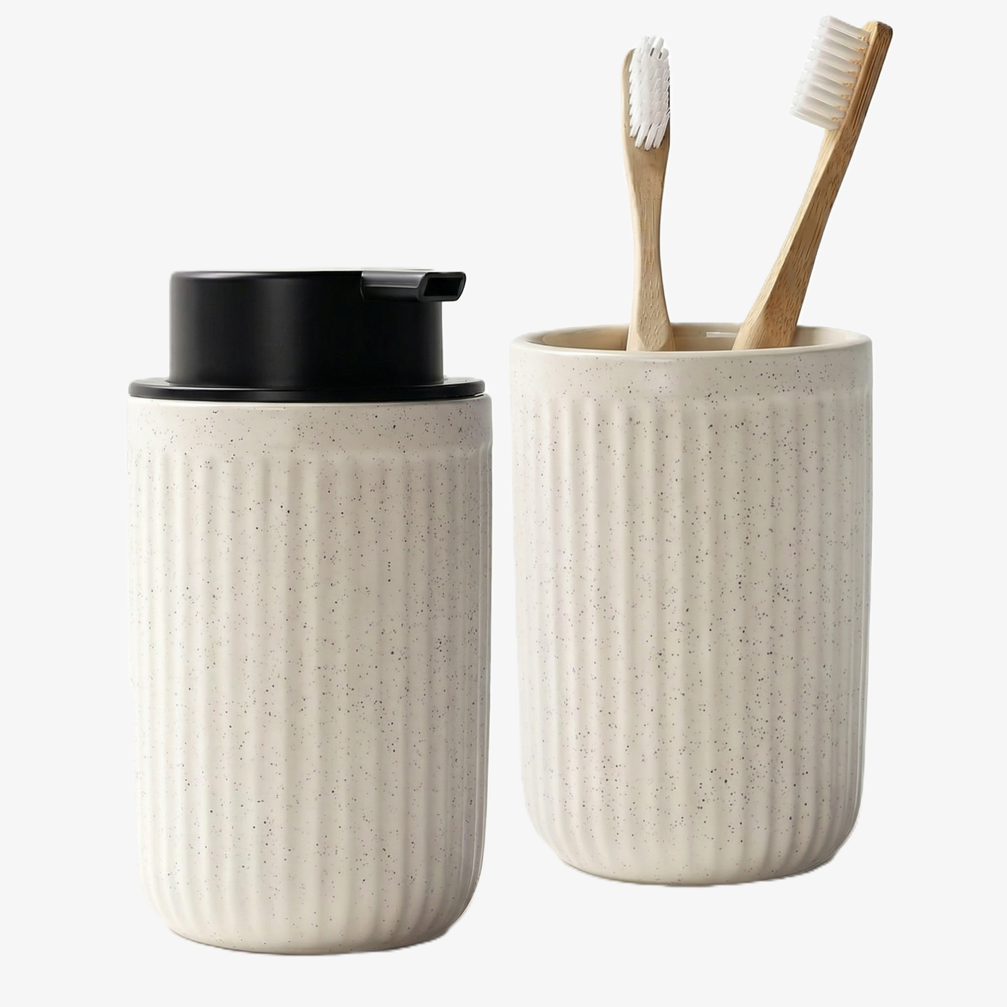 BosilunLife space-saving slim soap dispenser and toothbrush holder set made of speckled off-white ribbed recycled eco-clay. The eco-friendly ceramic set features a black pump and holds two bamboo toothbrushes, perfect for small bathroom vanities.
