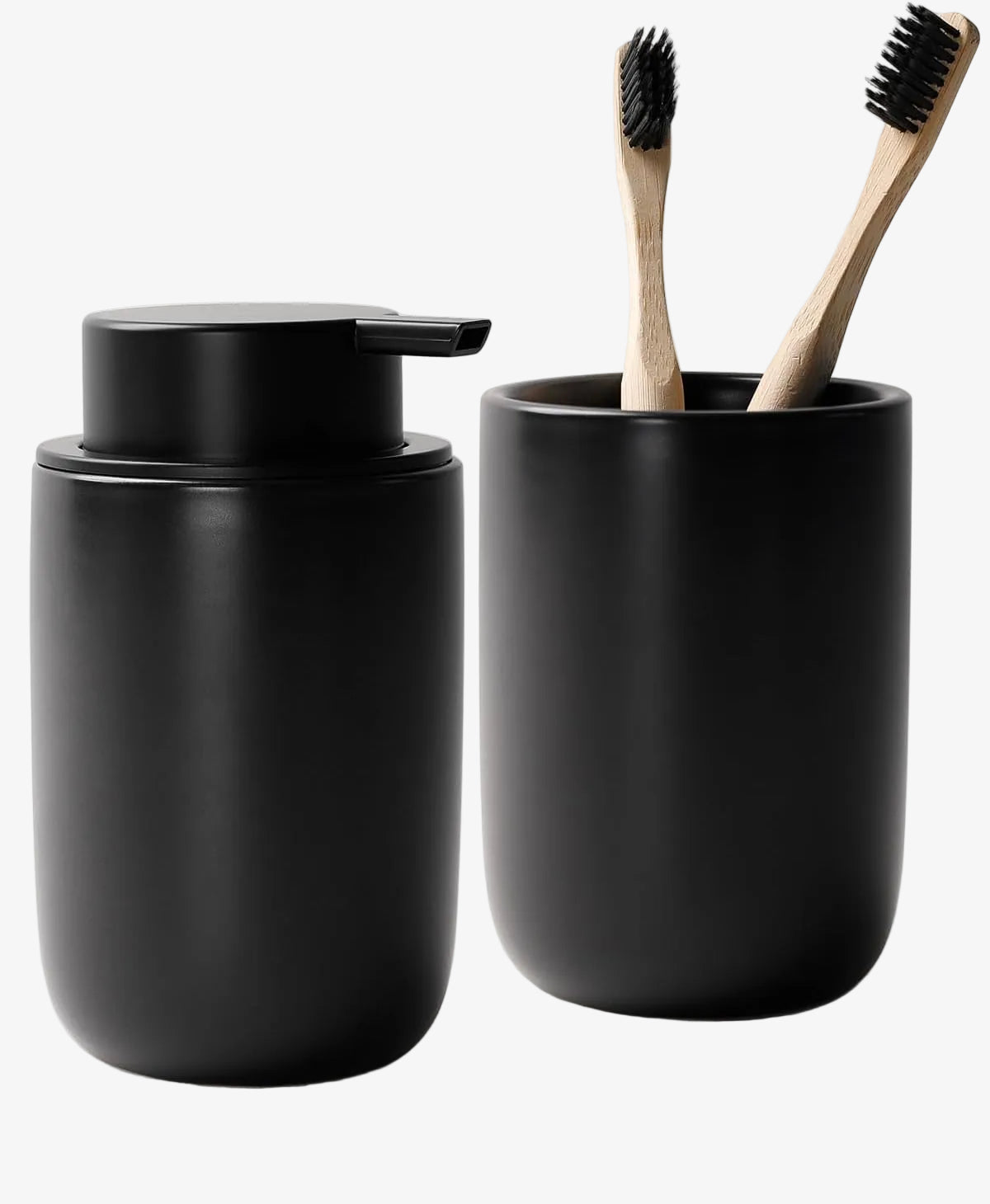 BosilunLife minimalist matte black slim soap dispenser and toothbrush holder set made of smooth recycled eco-clay. The space-saving ceramic bathroom duo holds two bamboo toothbrushes with matching black bristles, designed for narrow modern vanities.