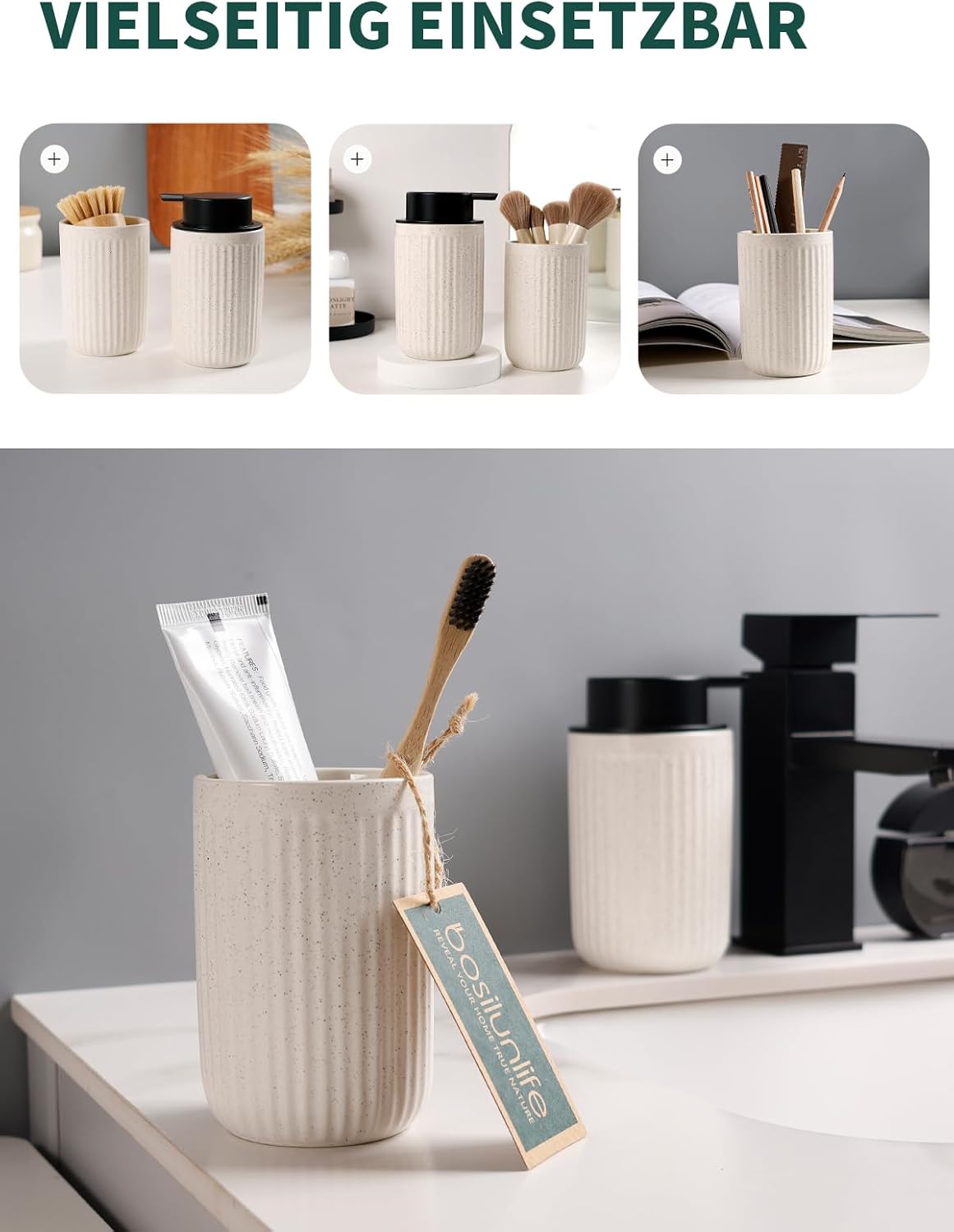 Versatility guide for the BosilunLife speckled ribbed beige eco-clay slim set, showing the ceramic holder used for kitchen dish brushes, makeup brushes, office pens, and bathroom toothbrushes alongside the matching soap dispenser.