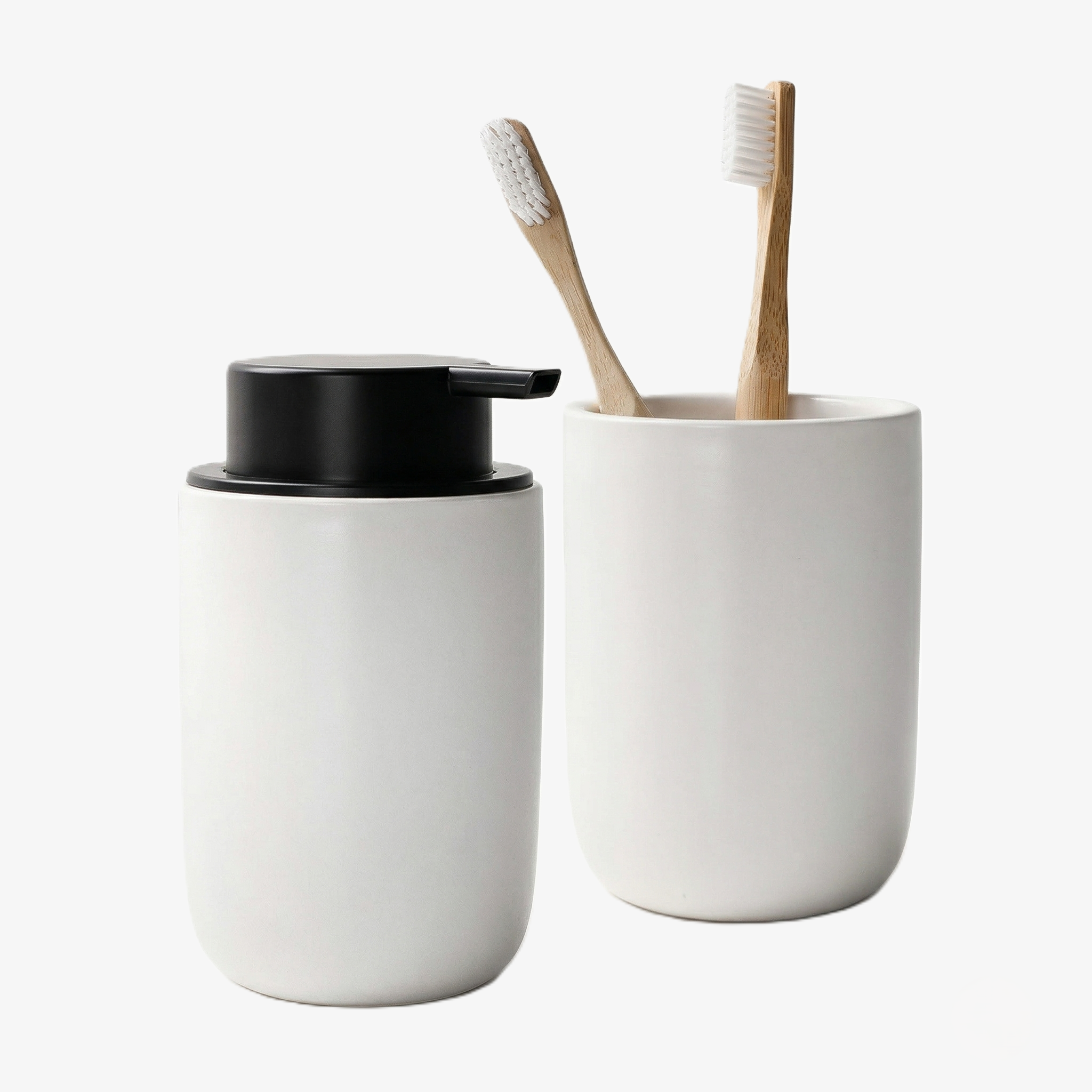 BosilunLife minimalist smooth white recycled eco-clay slim soap dispenser and toothbrush holder set. The space-saving ceramic duo features a modern black pump and holds two bamboo toothbrushes.
