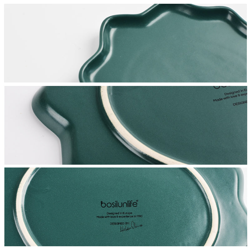 Detail of irregularly shaped green dinner plate