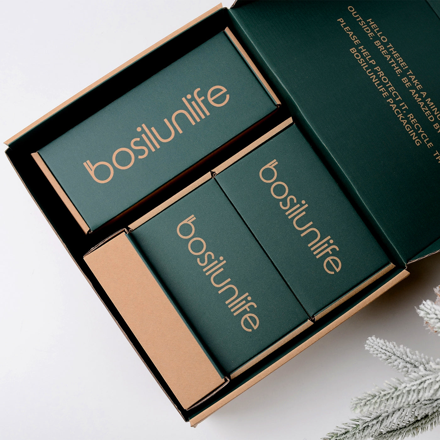 BosilunLife eco-friendly luxury packaging, featuring a premium dark green gift box with gold branding, designed for sustainable holiday gifting and unboxing.