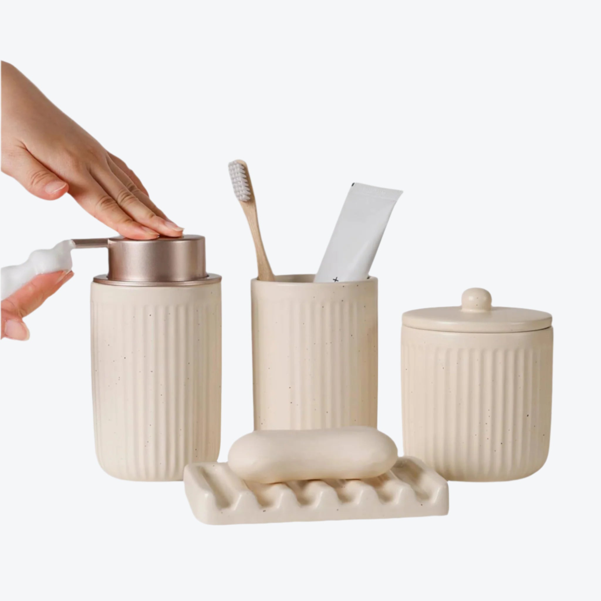 BosilunLife Badezimmer-Set, gestreift, Aprikose, 4-teilig, recycelte Keramik, Öko-Ton