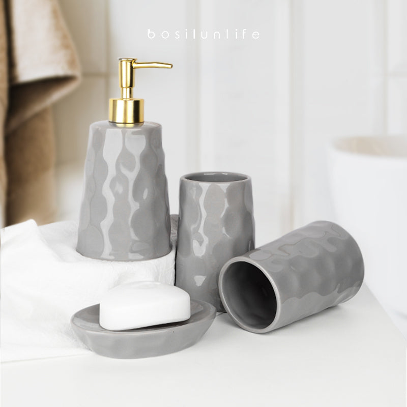 Sustainable ceramic 4-piece bathroom set with hand-kneaded texture, eco-friendly and luxury bathroom accessories by BosilunLife