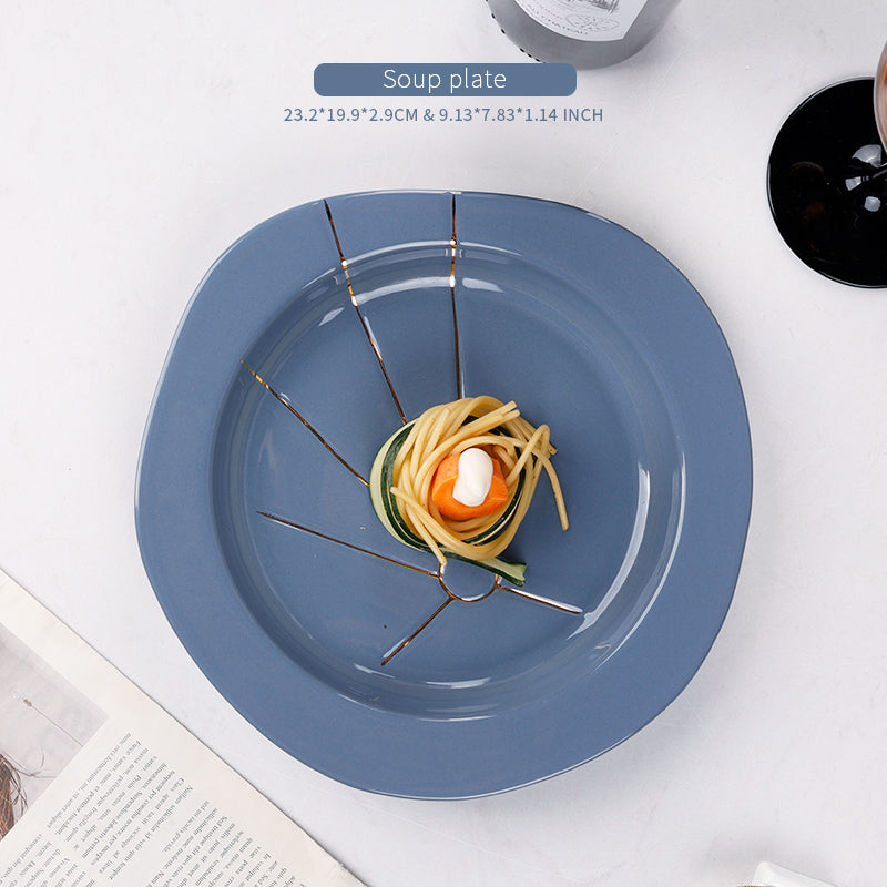 size of a blue soup plate-paint in gold