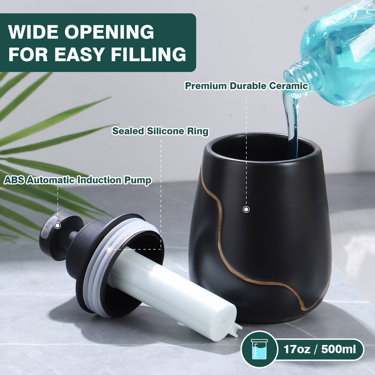 BosilunLife Nordic Garden Automatic Liquid Soap Dispenser 17 oz Recycled RebornClay™ Black