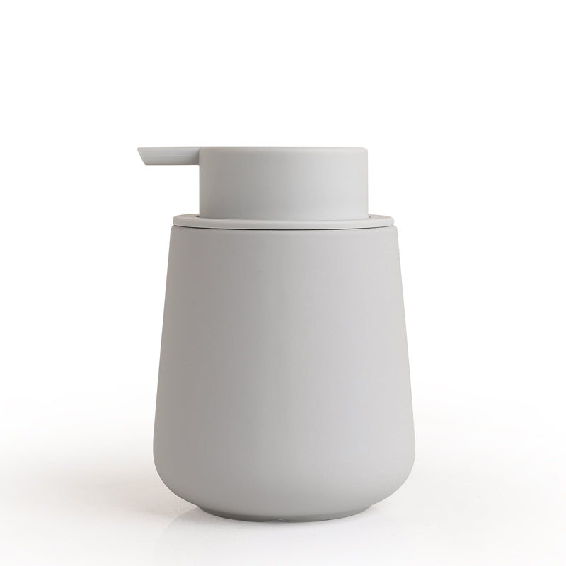 Sustainable ceramic foaming soap dispenser light grey with rubber paint finish, luxury design, and eco-friendly materials