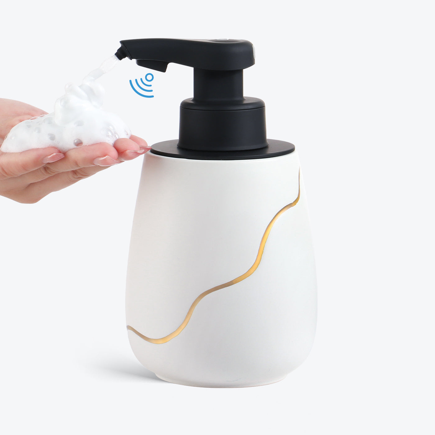 White soap dispenser with black pump on a white background