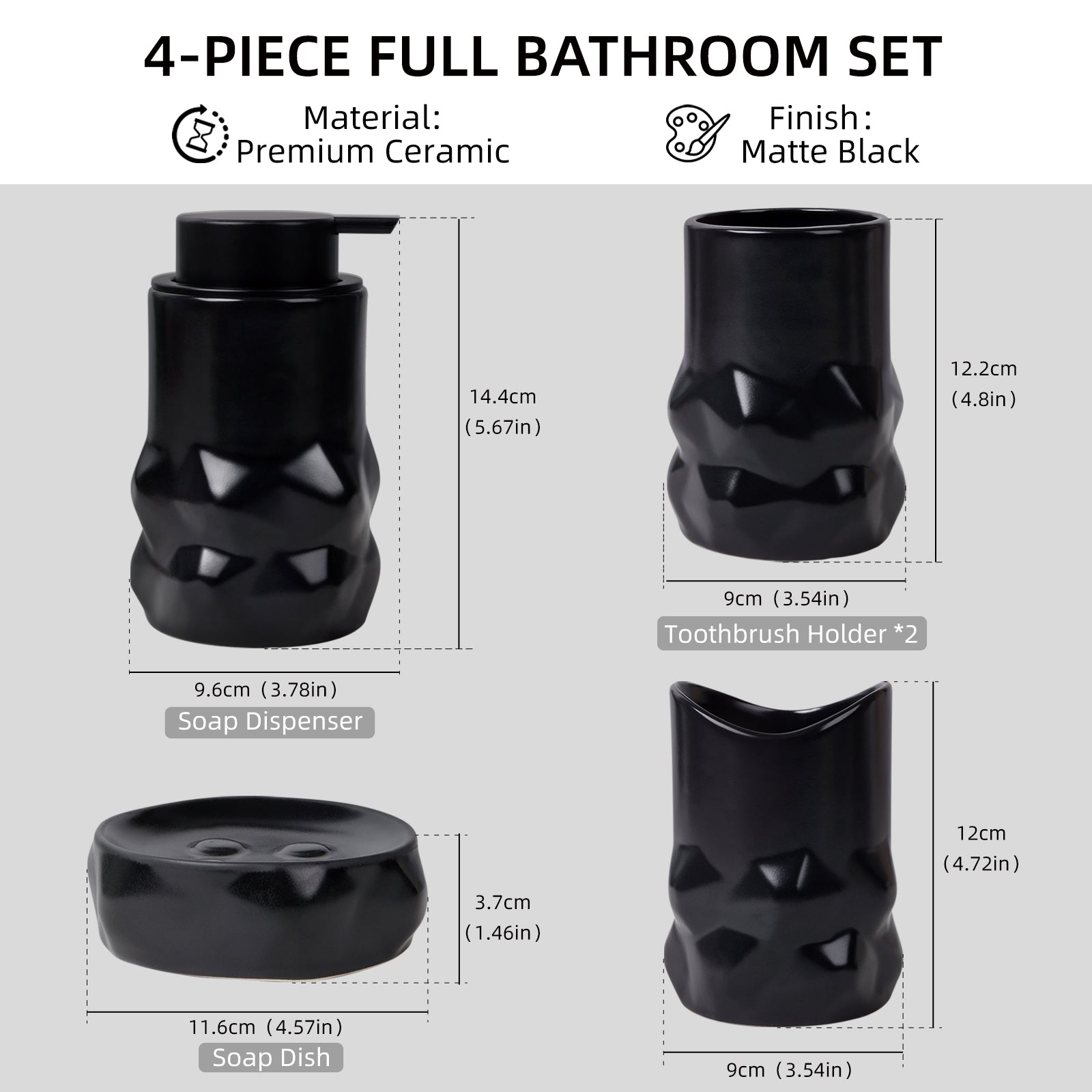 4-piece bathroom set with black ceramic items including a soap dispenser, toothbrush holder, and soap dish, with measurements provided.