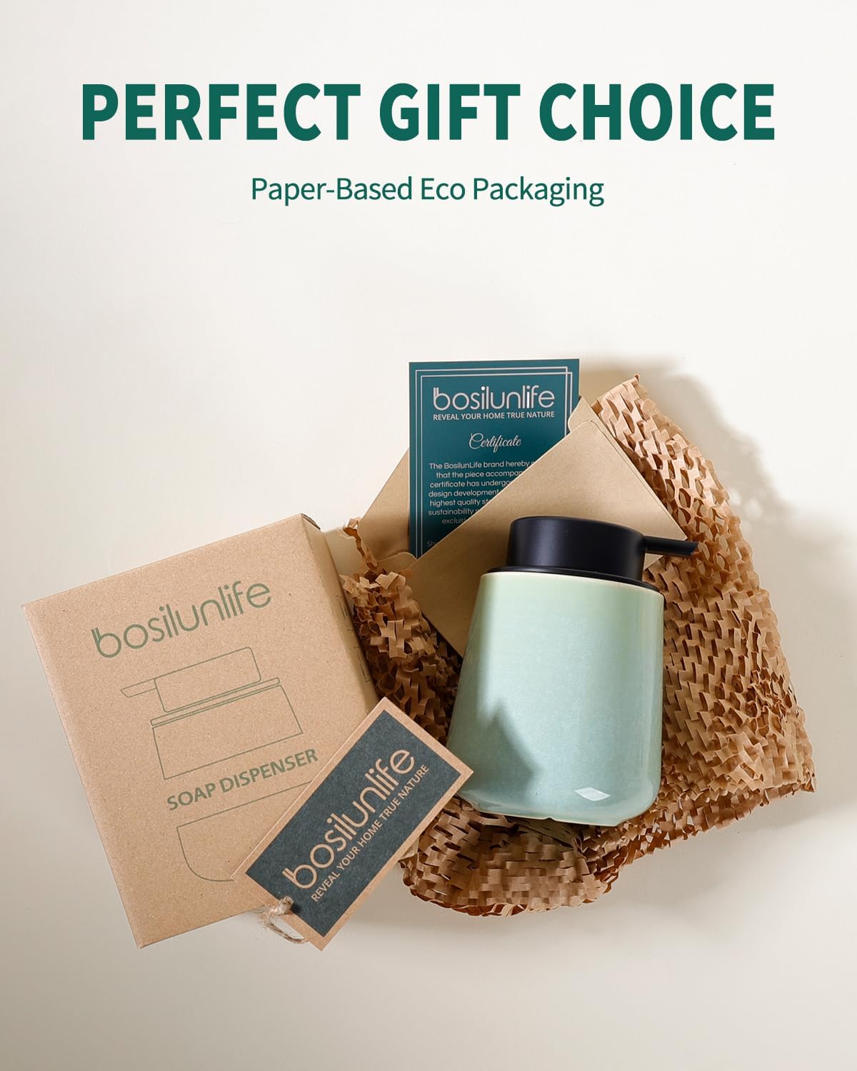Promotional graphic for the BosilunLife 12 oz Speckled Mint foaming soap dispenser, titled 'Perfect Gift Choice'. The image showcases the plastic-free unboxing experience, featuring paper-based eco-packaging including honeycomb paper wrap, a recycled cardboard box, and an official Certificate of Authenticity. Crafted from GRS-certified recycled eco-clay, this sustainable gift option reflects a commitment to a circular economy and mindful washroom organisation.
